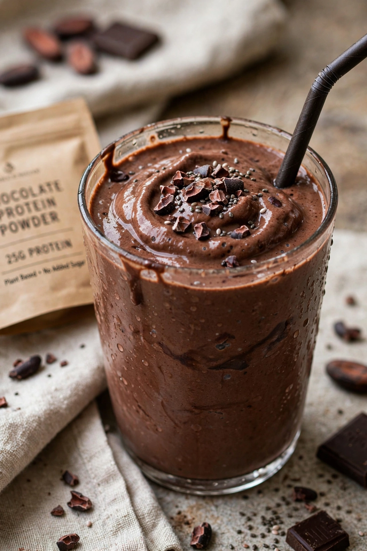 Protein smoothie thick chocolate in a glass with straw