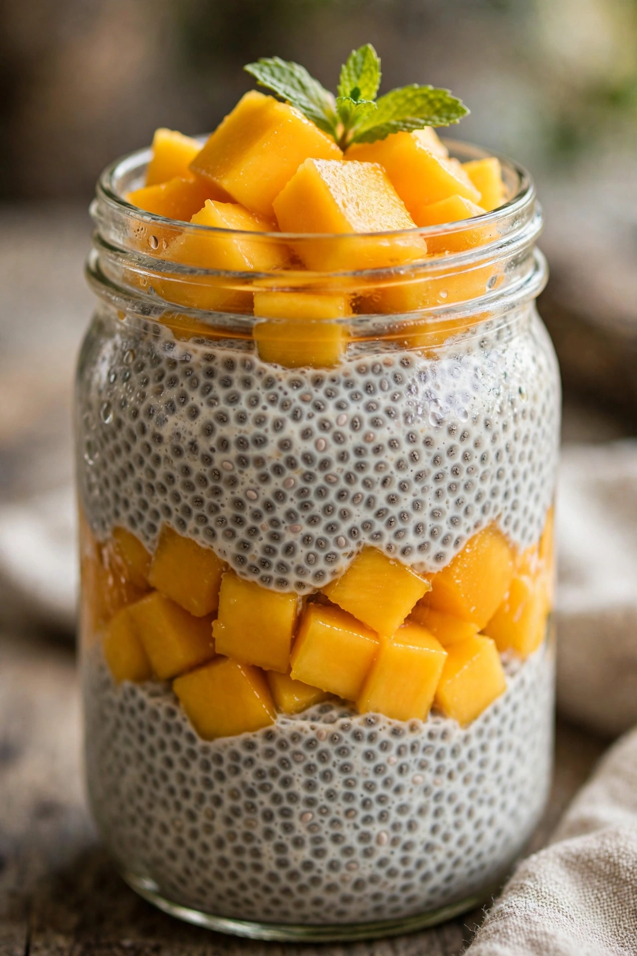 Chia seed pudding layered with mango in a jar