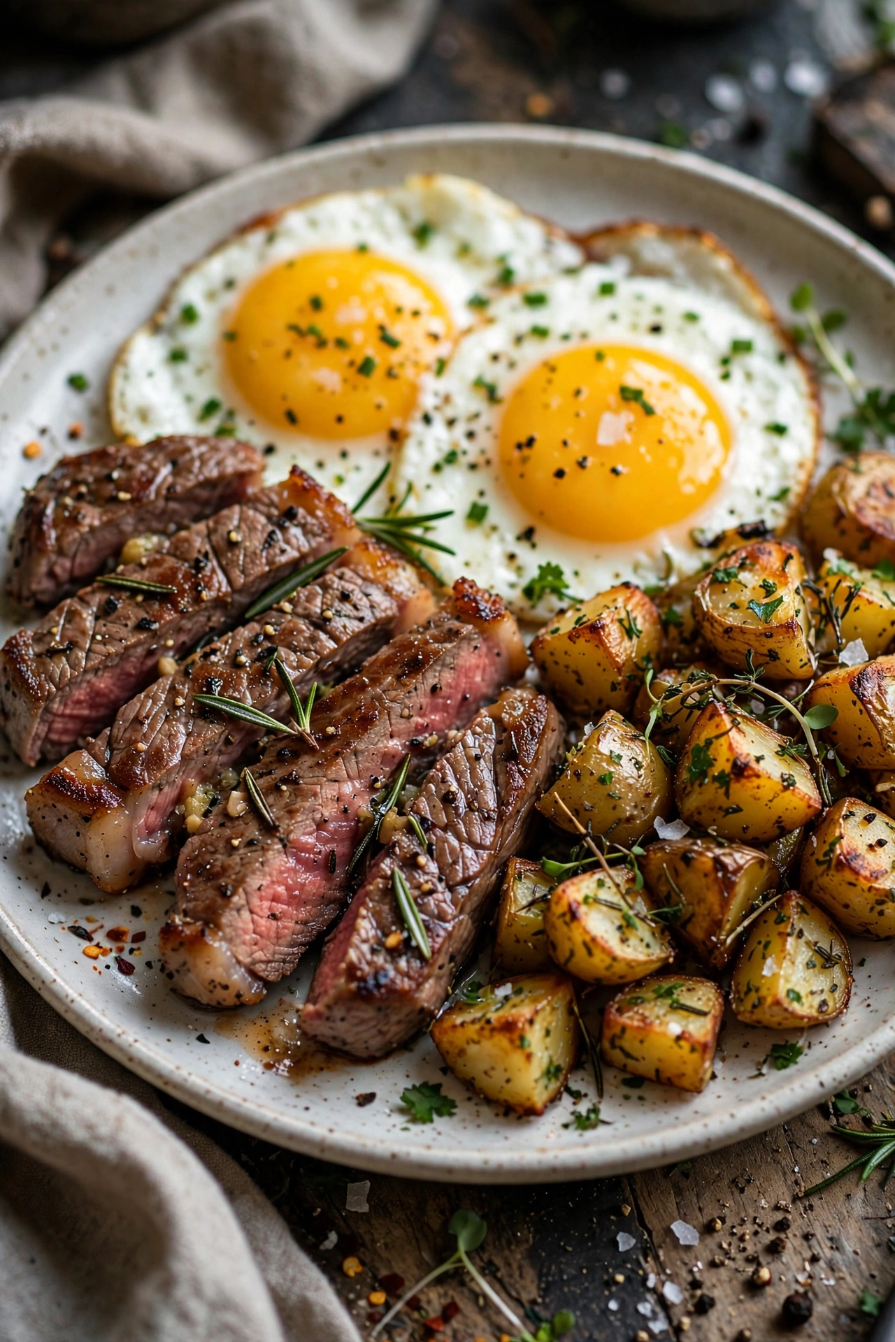 Steak and eggs plated with breakfast potatoes