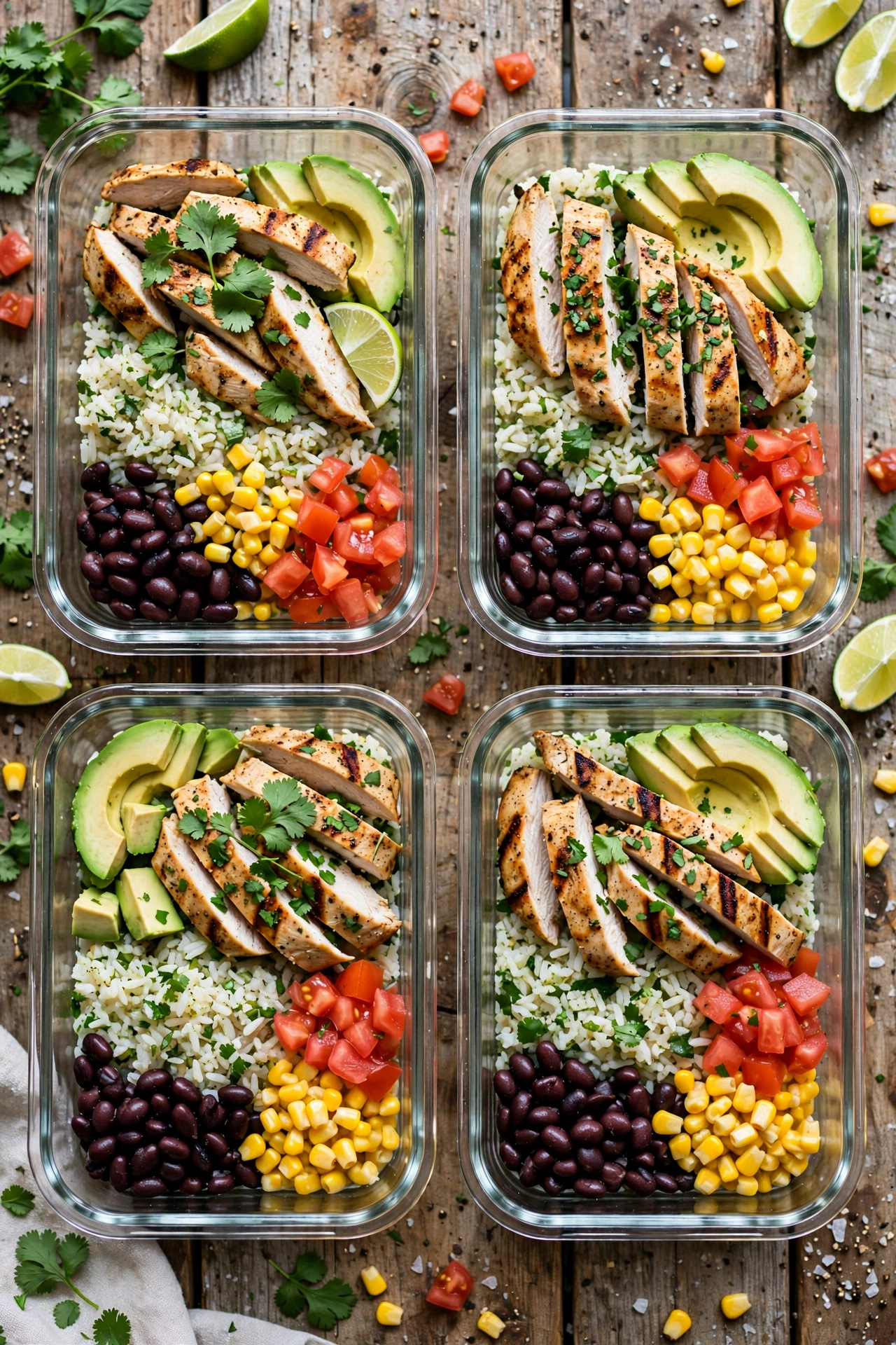 Overhead view of chicken burrito meal prep bowl with seasoned chicken, rice, black beans, corn, and salsa