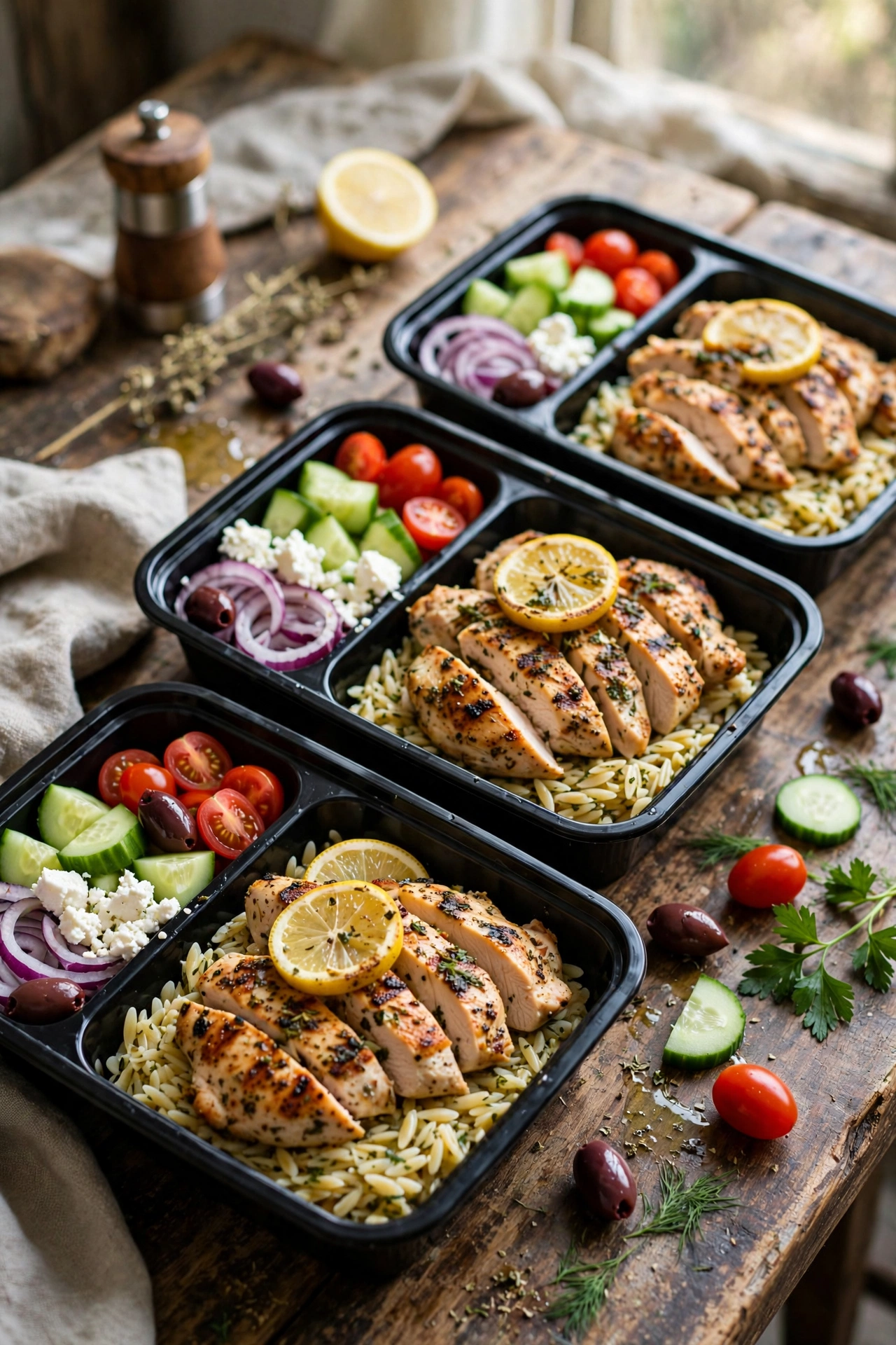 Overhead view of steak fajita meal prep bowl with sliced steak, bell peppers, onions, and rice