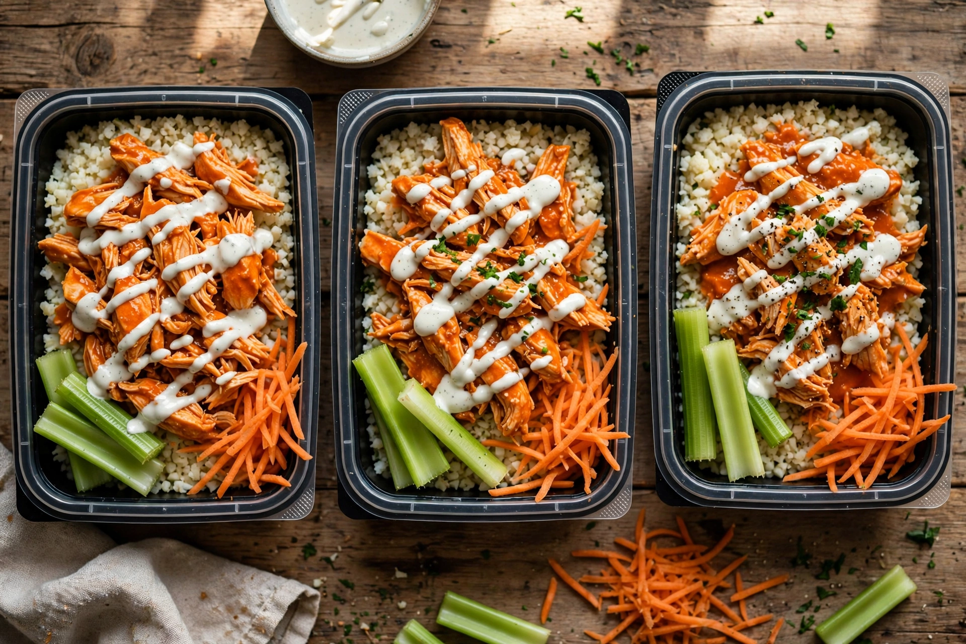 Close-up view of buffalo chicken meal prep bowl with shredded chicken, celery, carrots, and ranch drizzle