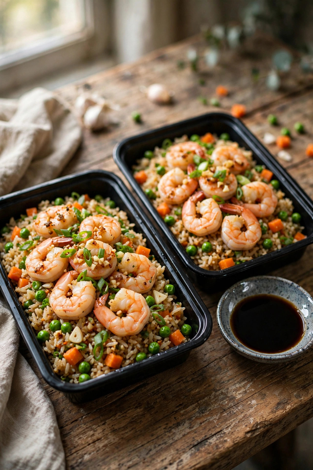 Overhead view of shrimp fried rice bowl with shrimp, peas, carrots, egg, and scallions
