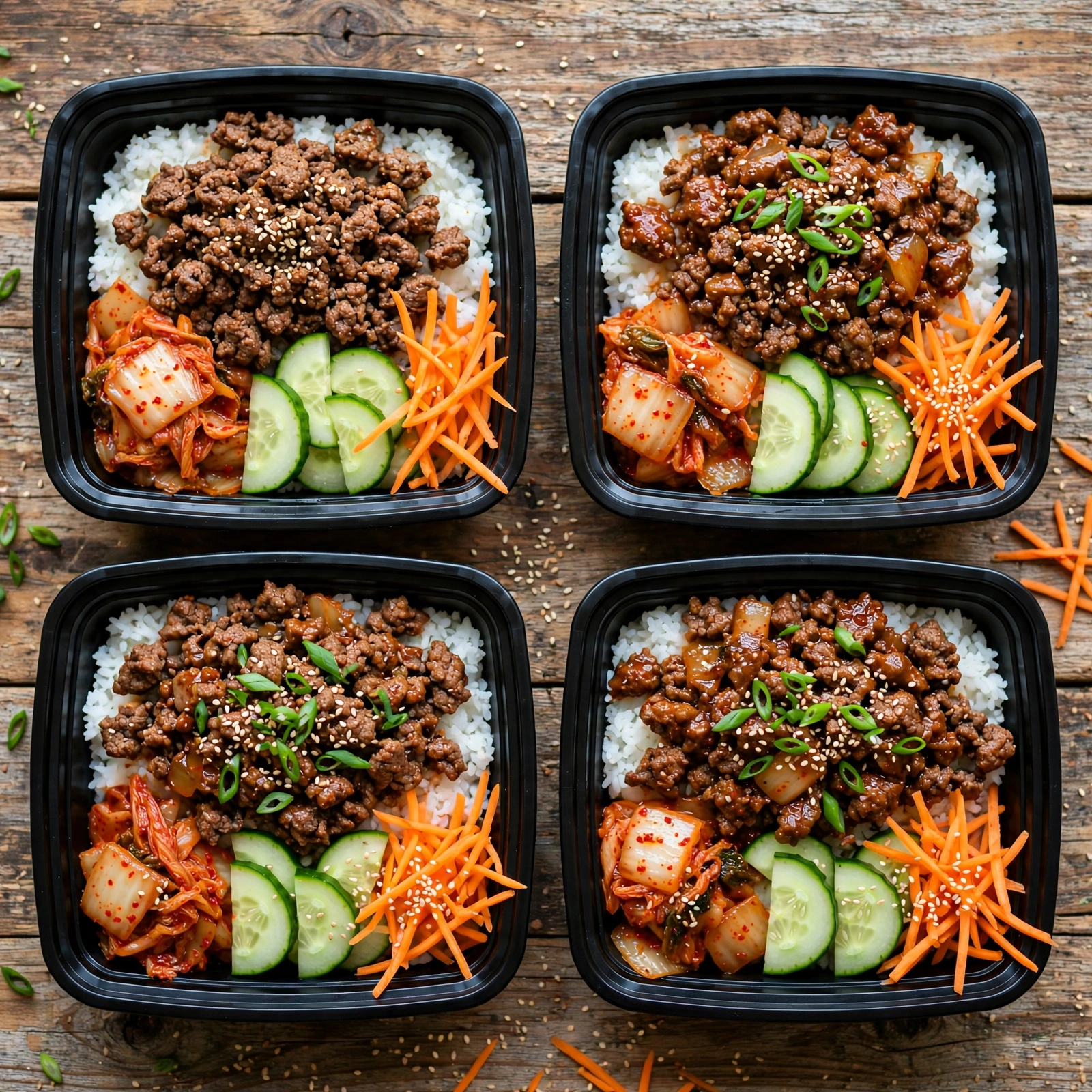 Overhead view of Korean beef meal prep bowl with ground beef, rice, cucumbers, and carrots