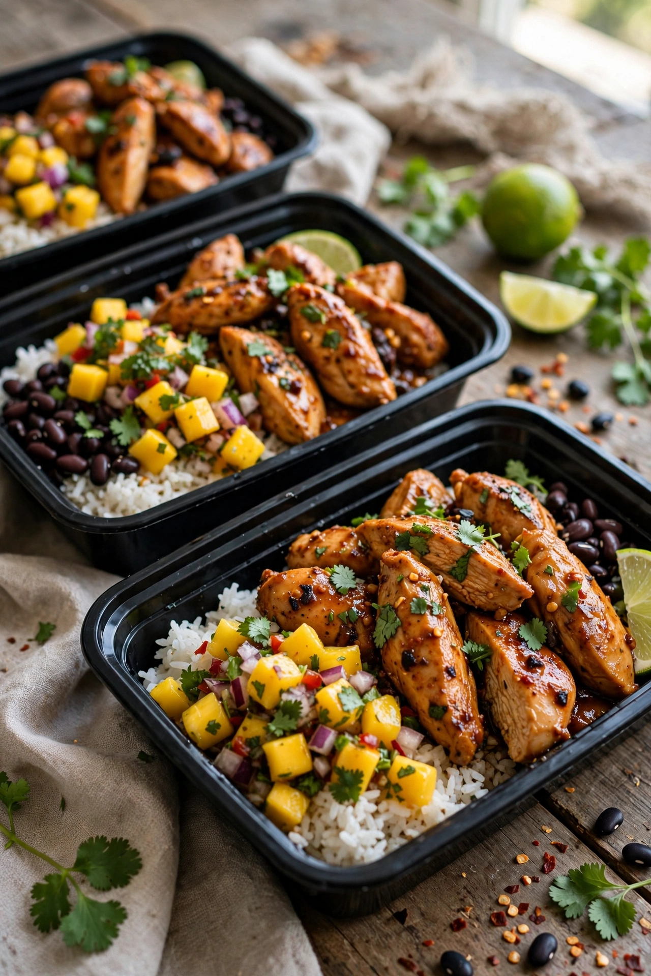 Overhead view of chili lime chicken bowl with grilled chicken, corn, black beans, and avocado