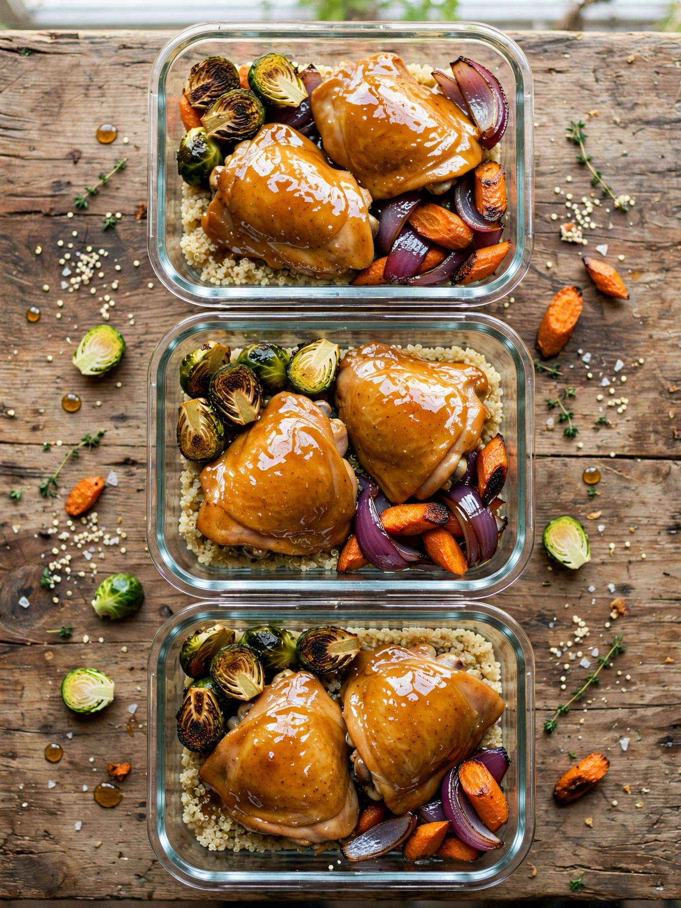 Close-up view of honey mustard chicken bowl with glazed chicken, roasted potatoes, and broccoli