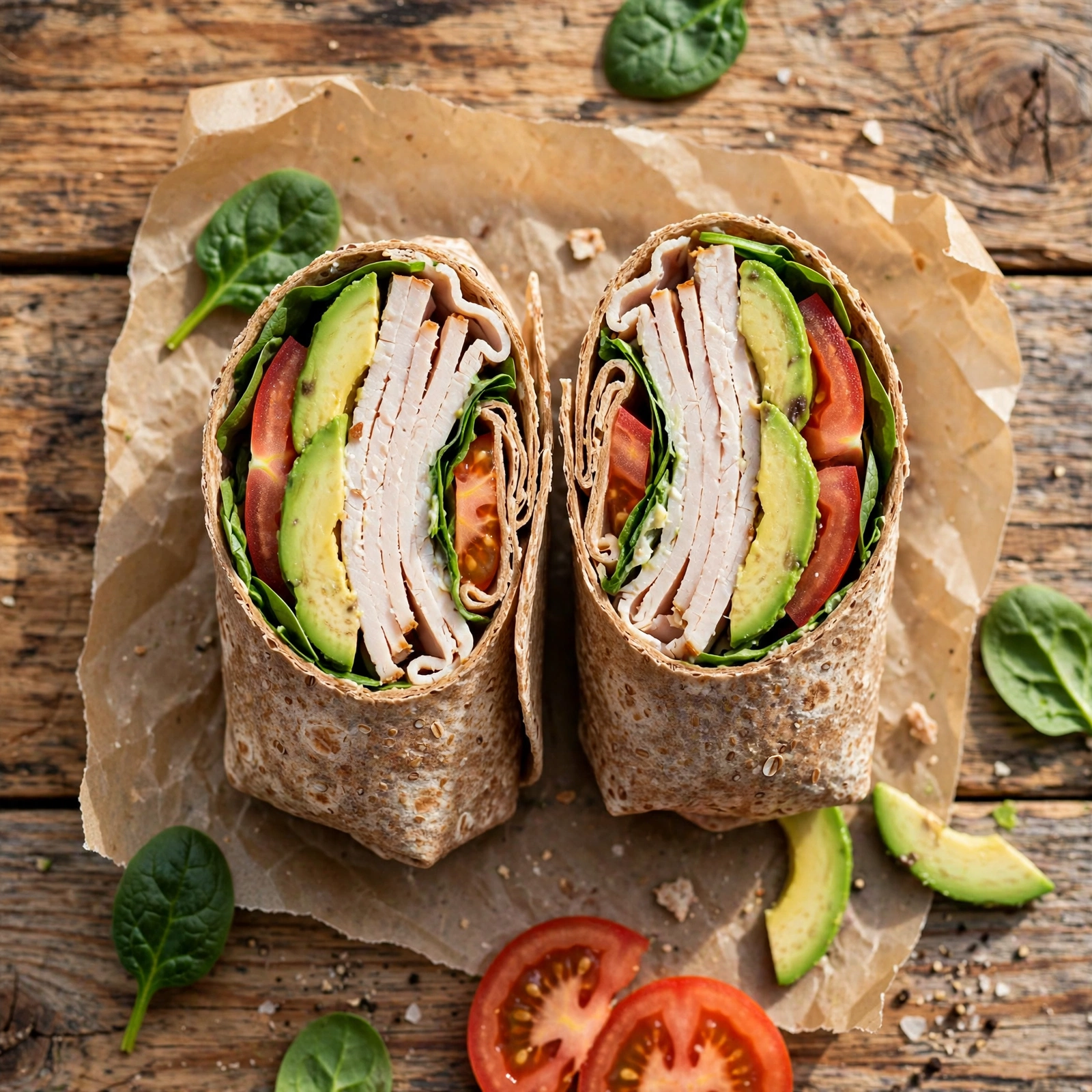 Close-up view of a grilled chicken Caesar wrap with romaine, shaved parmesan, and creamy dressing, sliced in half
