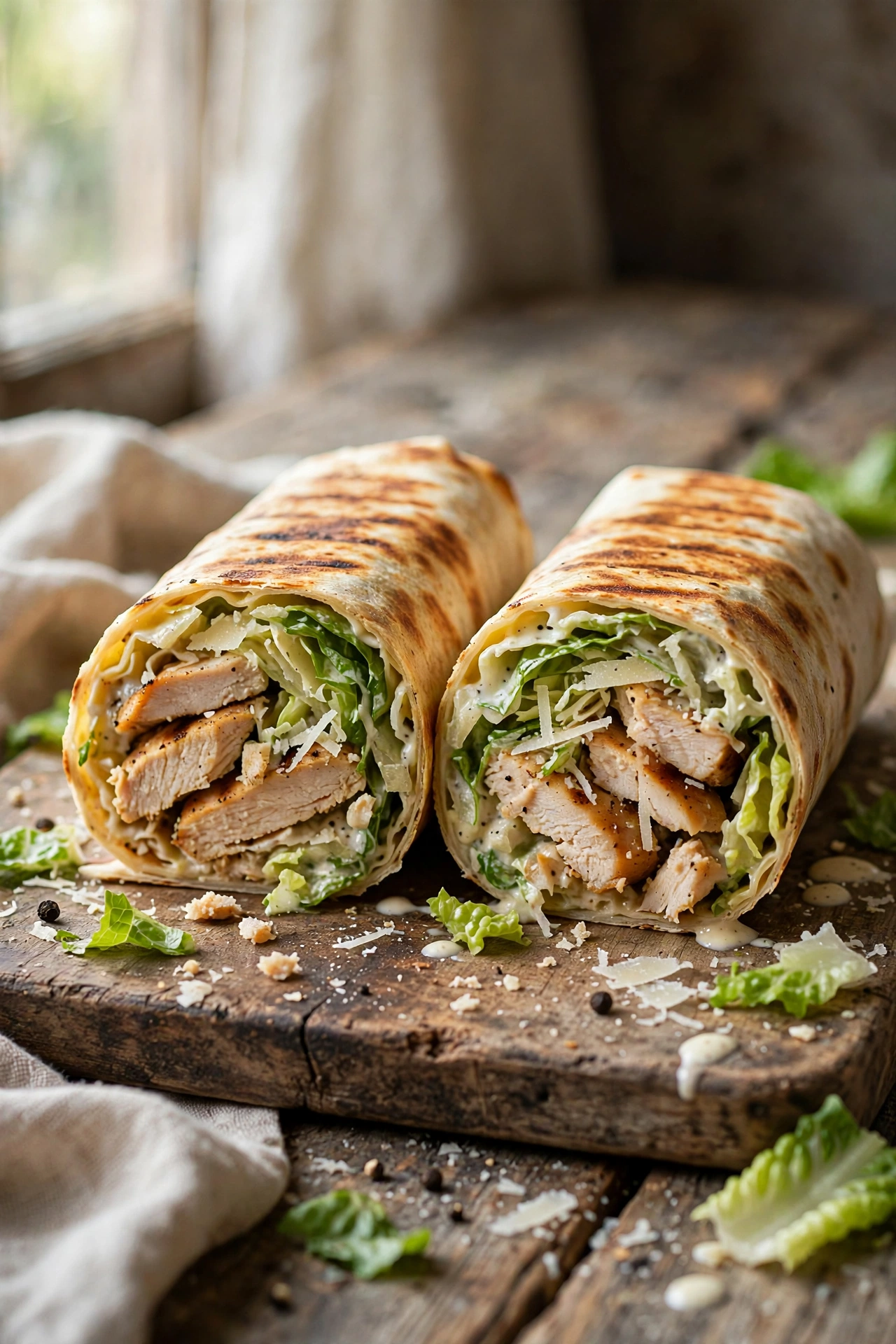 Overhead view of a turkey avocado protein wrap with sliced turkey, creamy avocado, lettuce, and tomato