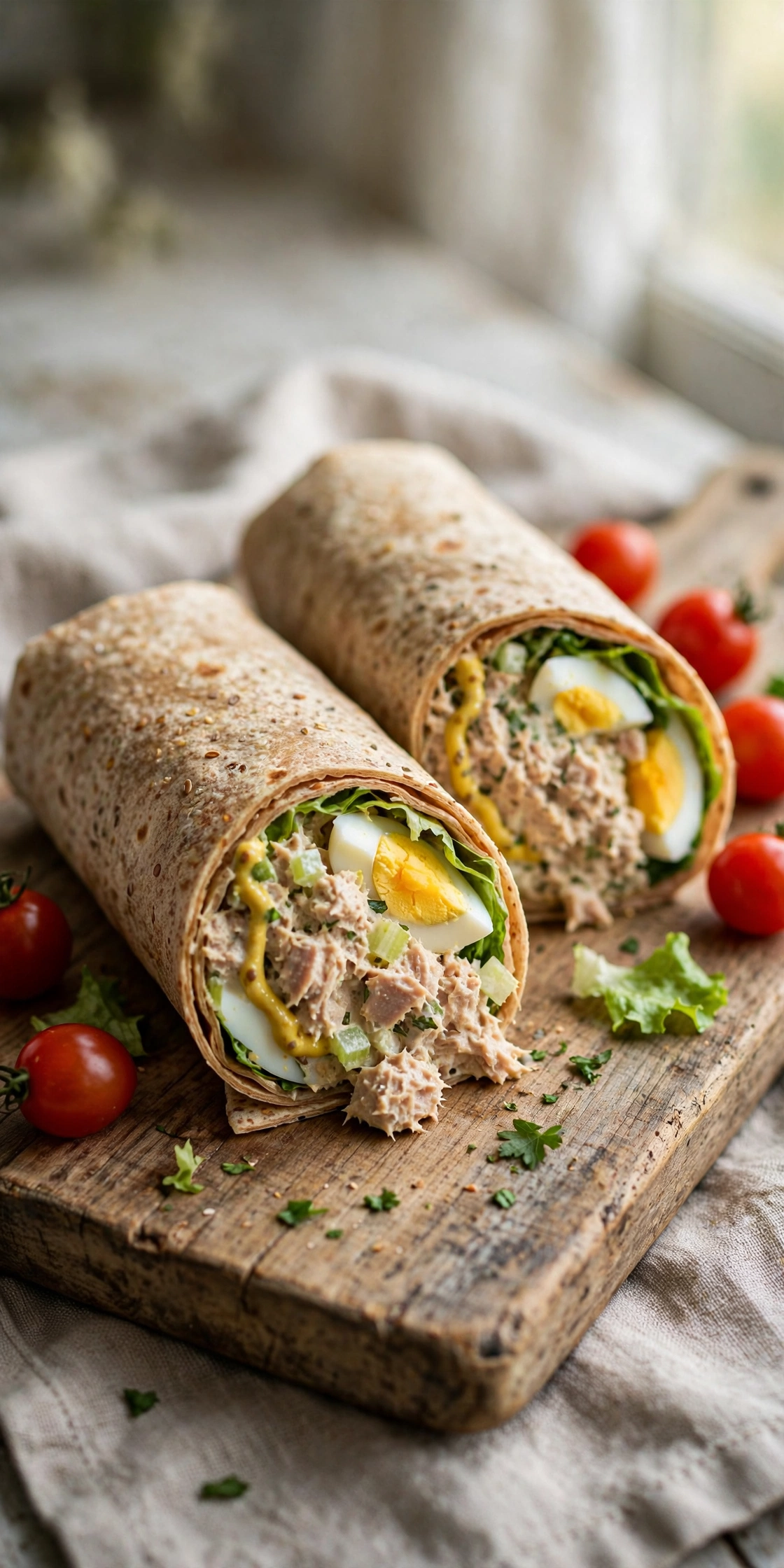 Close-up view of a buffalo chicken ranch wrap with spicy shredded chicken, celery, lettuce, and ranch dressing