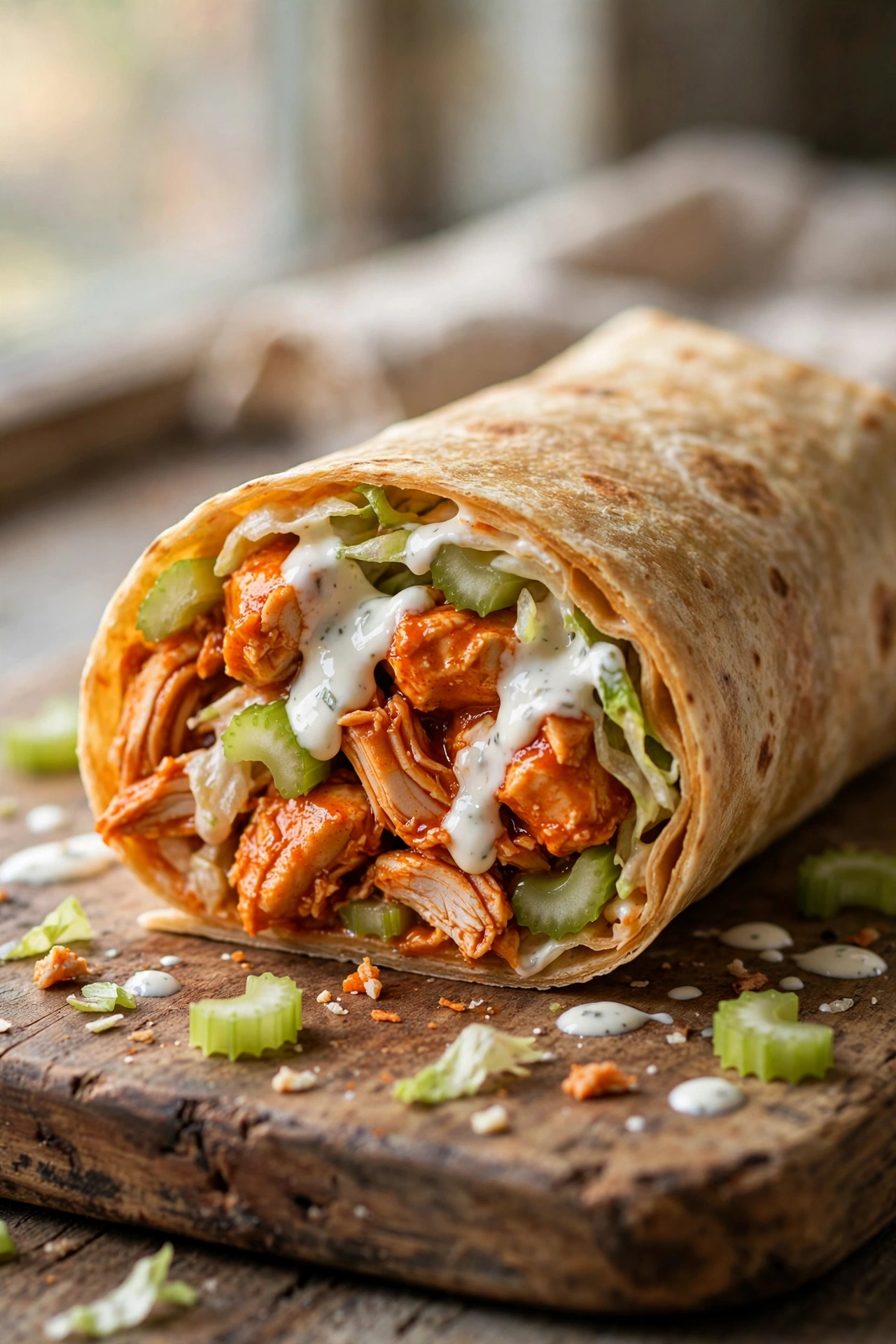 Overhead view of a tuna salad protein wrap with flaky tuna, celery, red onion, and spinach in a tortilla