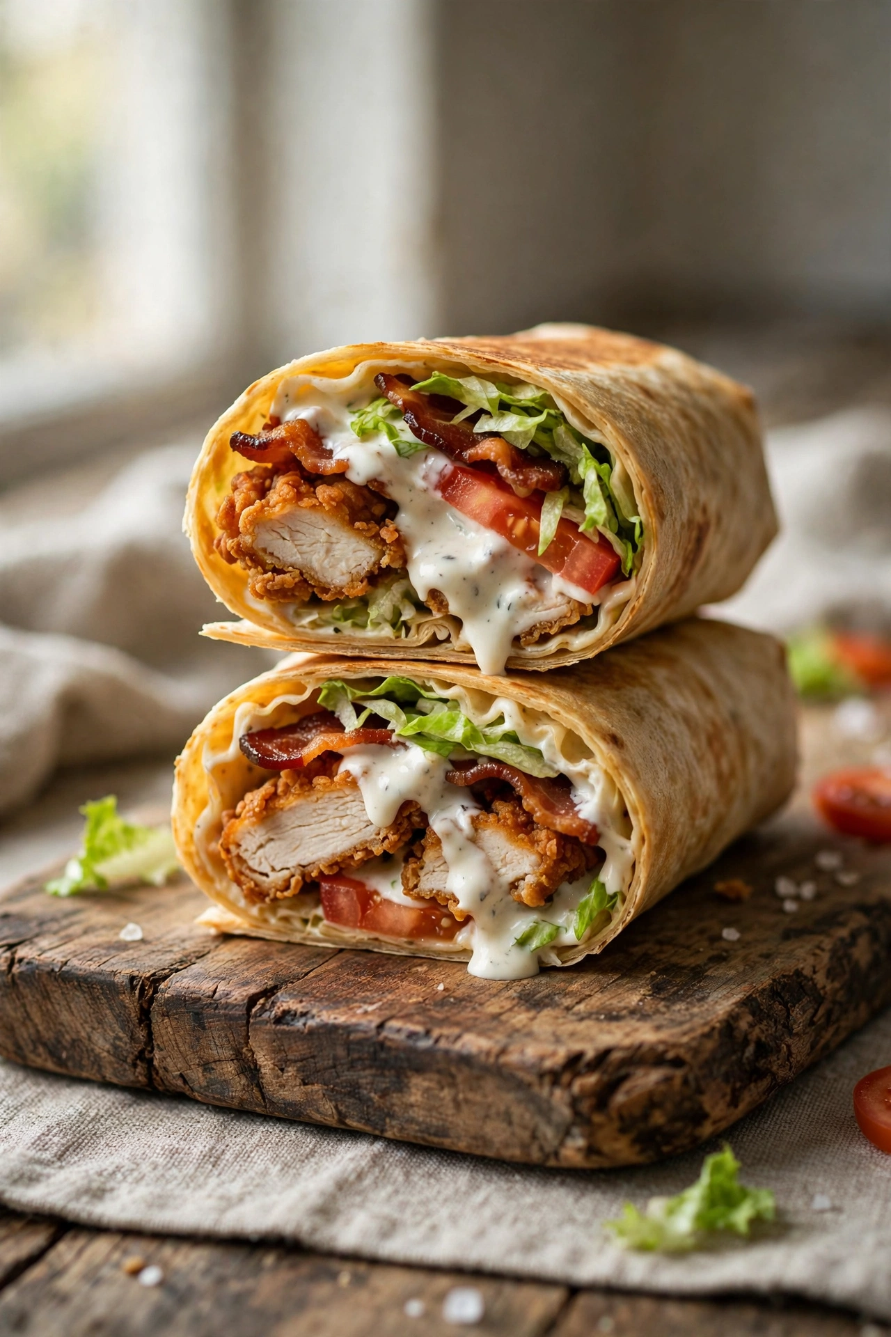 Side view of a chicken bacon ranch wrap with crispy bacon, chicken, lettuce, tomato, and ranch dressing