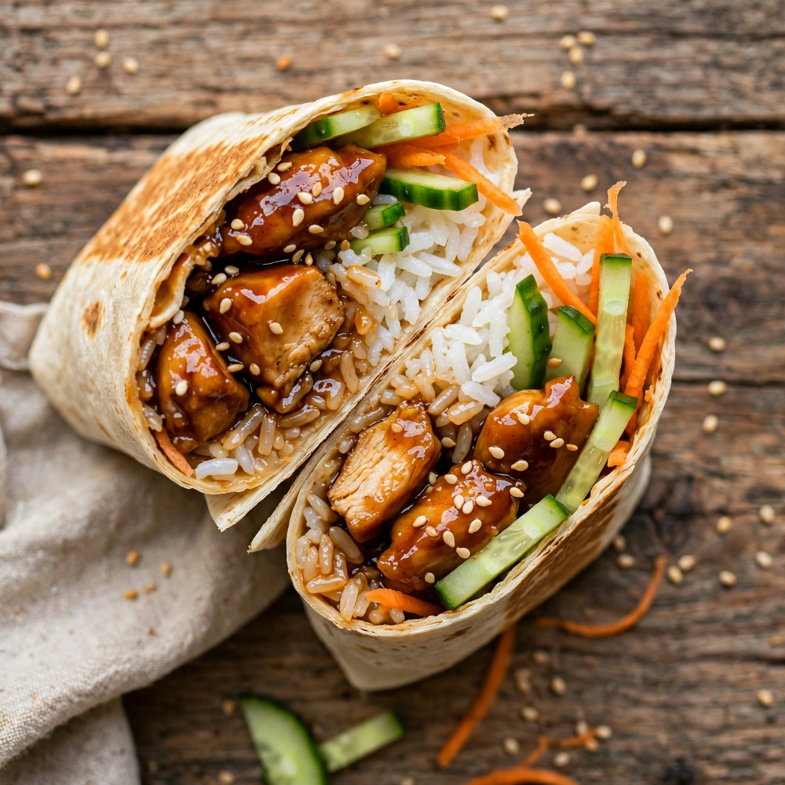 Overhead view of a blackened shrimp wrap with smoky seared shrimp, cabbage slaw, avocado, and chipotle mayo