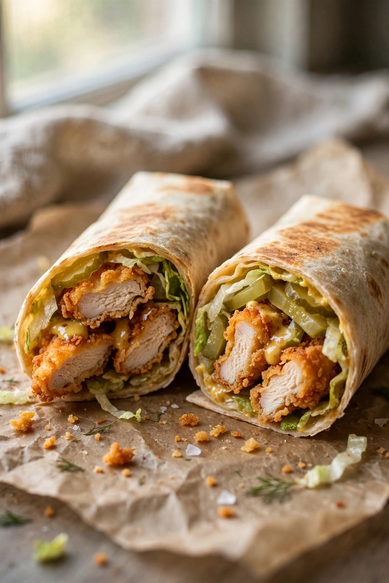 Side view of a teriyaki chicken wrap with glazed chicken, cabbage, carrots, green onions, and sesame seeds