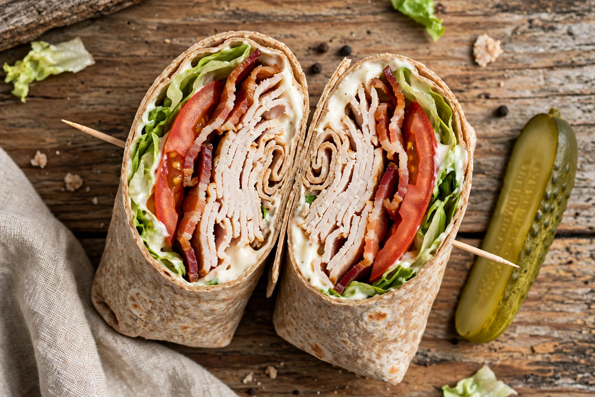 Overhead view of a salmon cream cheese wrap with smoked salmon, cream cheese, cucumber, red onion, and capers