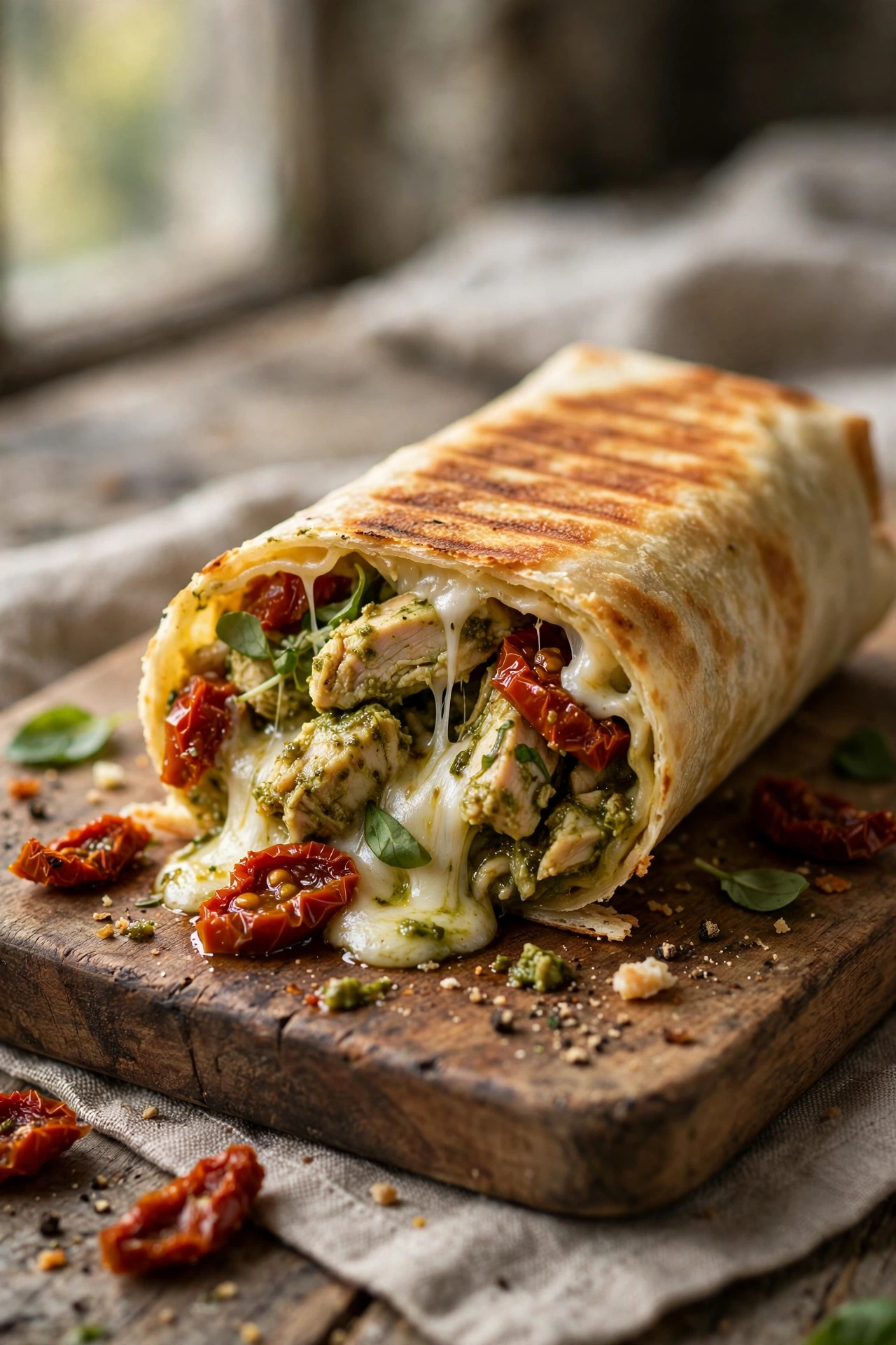 Side view of a chicken pesto mozzarella wrap with grilled chicken, basil pesto, melted mozzarella, and sun-dried tomatoes
