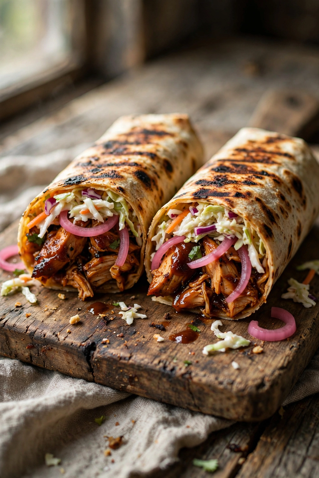 Close-up view of a turkey club protein wrap with turkey, ham, bacon, lettuce, and tomato, cut in half