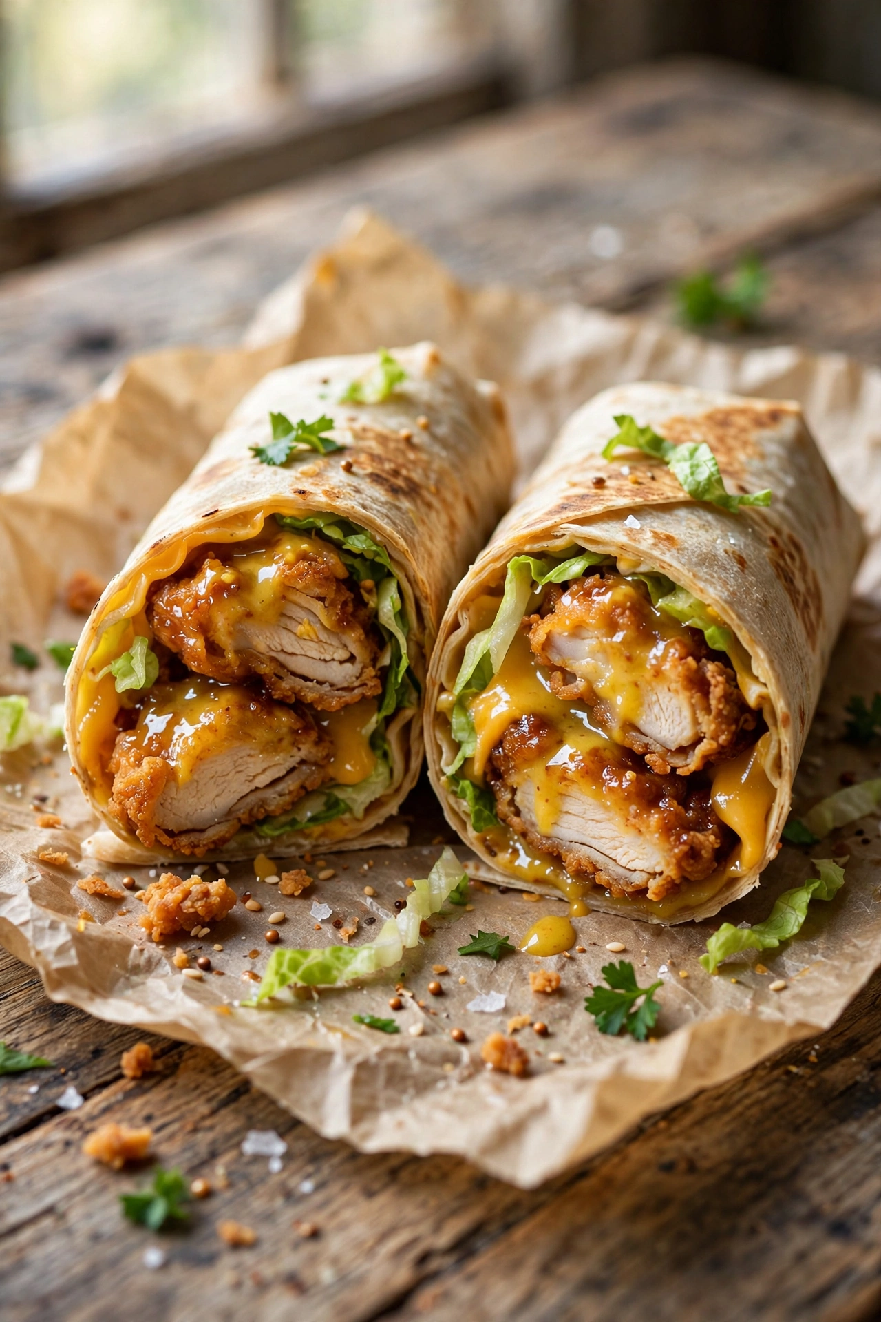 Overhead view of a honey mustard chicken wrap with chicken, romaine, tomato, cheddar, and honey mustard sauce
