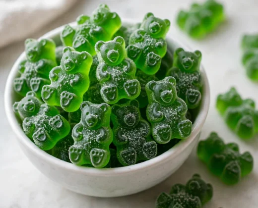 Close-up view of green sour apple gummy bears coated in sour sugar crystals