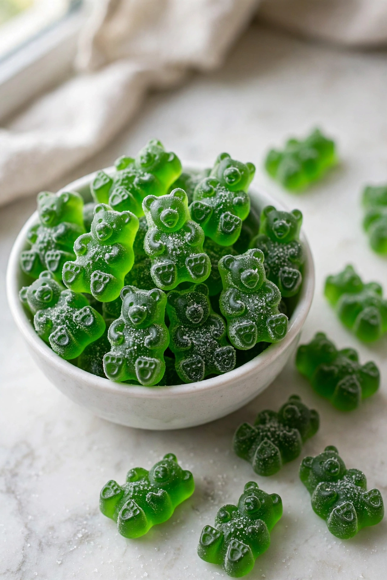 Close-up view of green sour apple gummy bears coated in sour sugar crystals