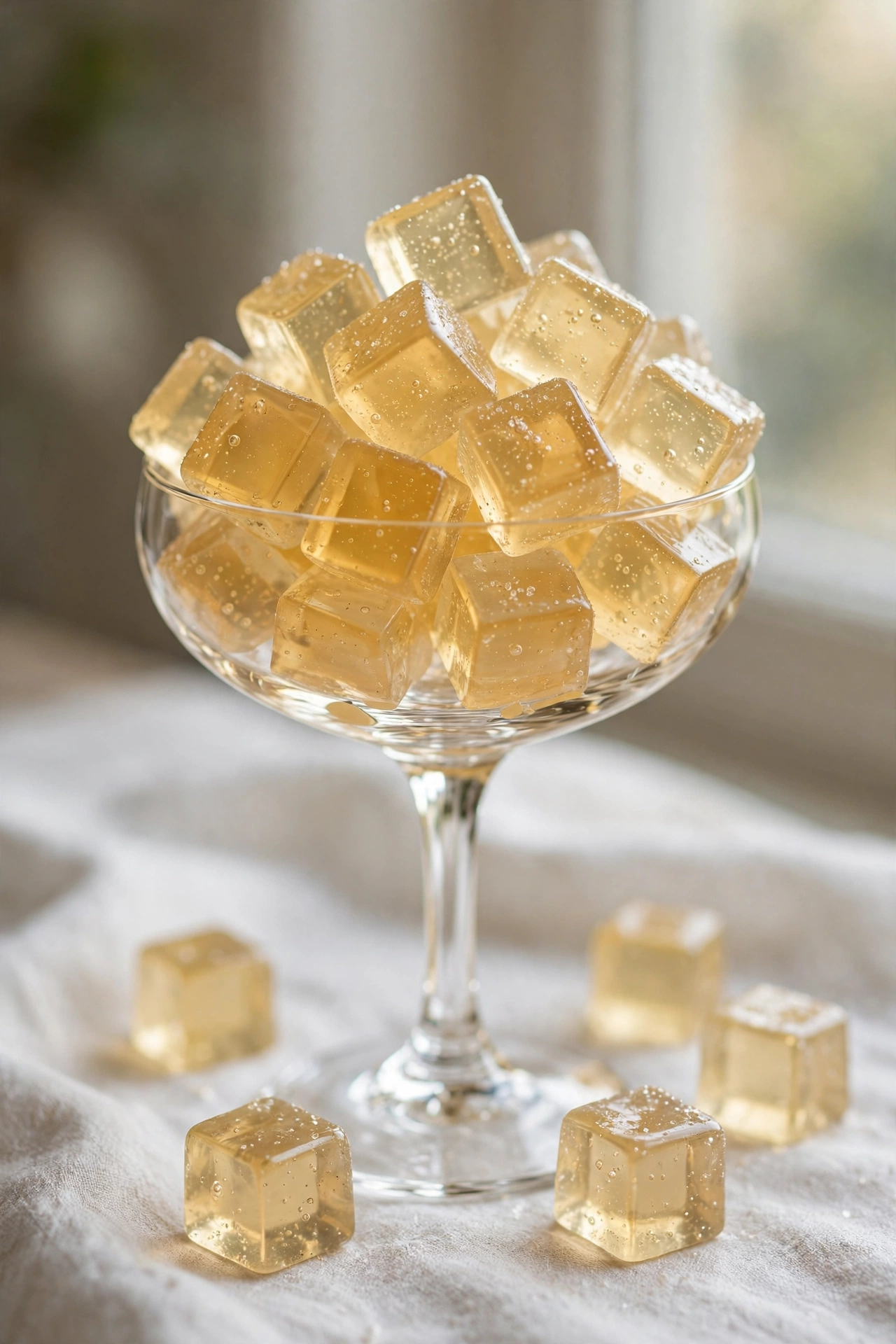 View of pale gold champagne gummy cubes dusted with sugar on a marble surface