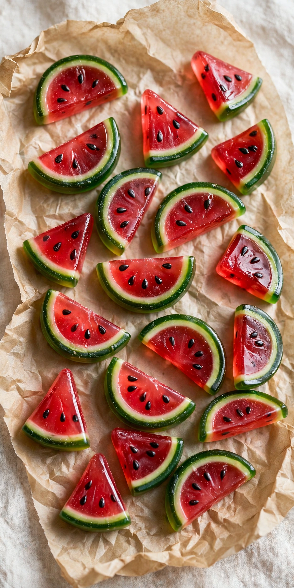 View of red watermelon gummy slices shaped like tiny watermelon wedges with green rind detail