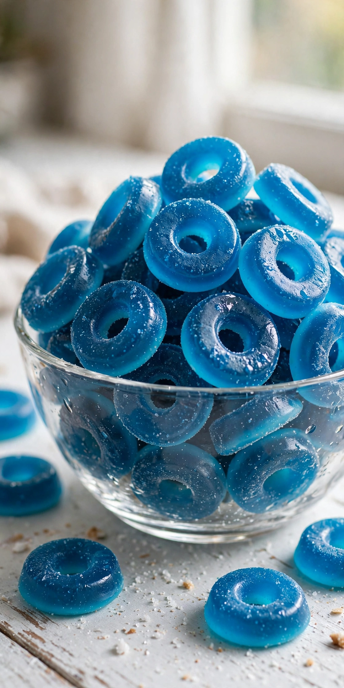 View of bright blue raspberry gummy rings piled in a bowl with a sour sugar coating