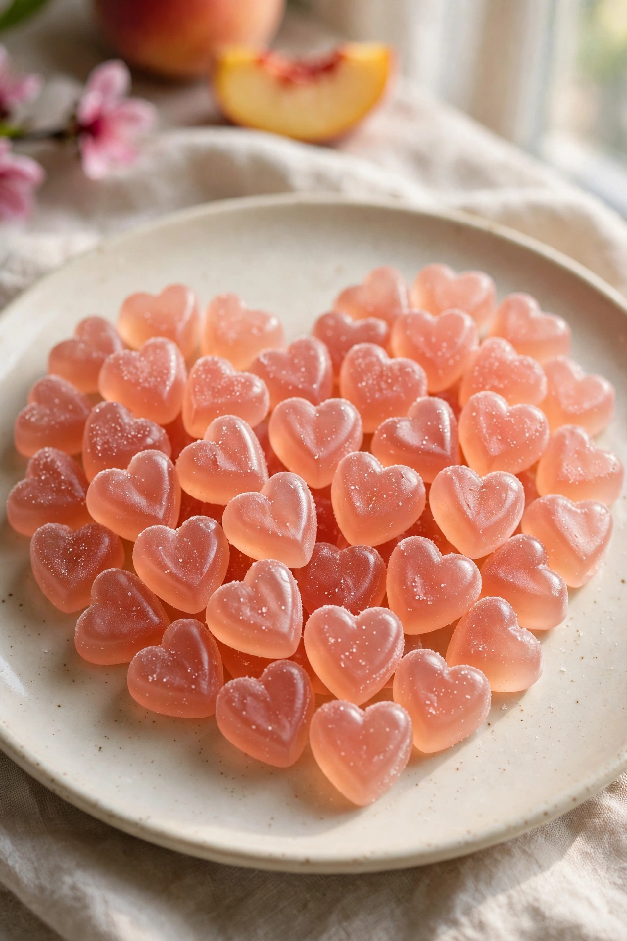 View of peach colored gummy hearts with a light sugar dusting arranged on a plate