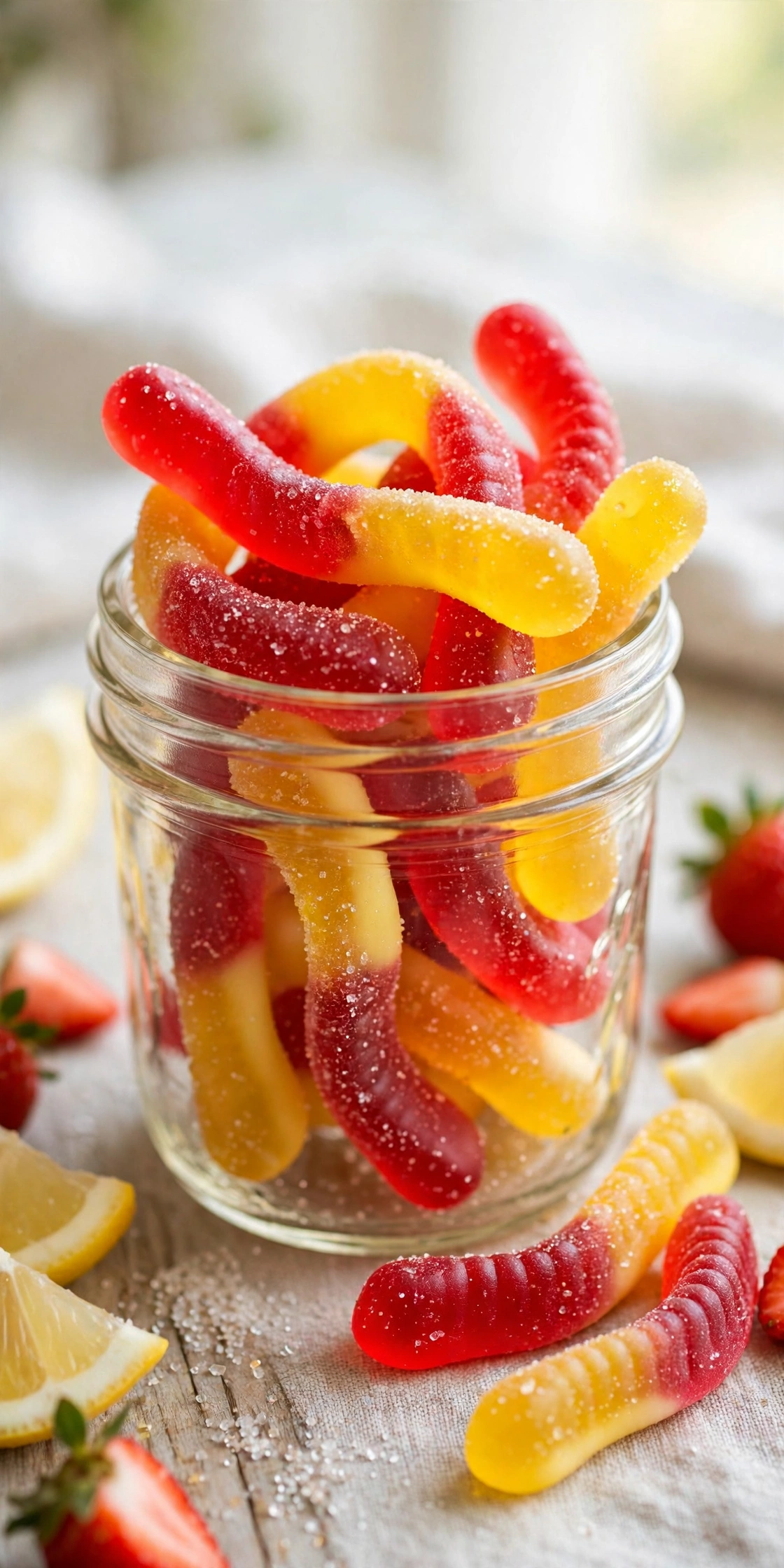 View of red and yellow strawberry lemonade gummy worms twisted together in a jar