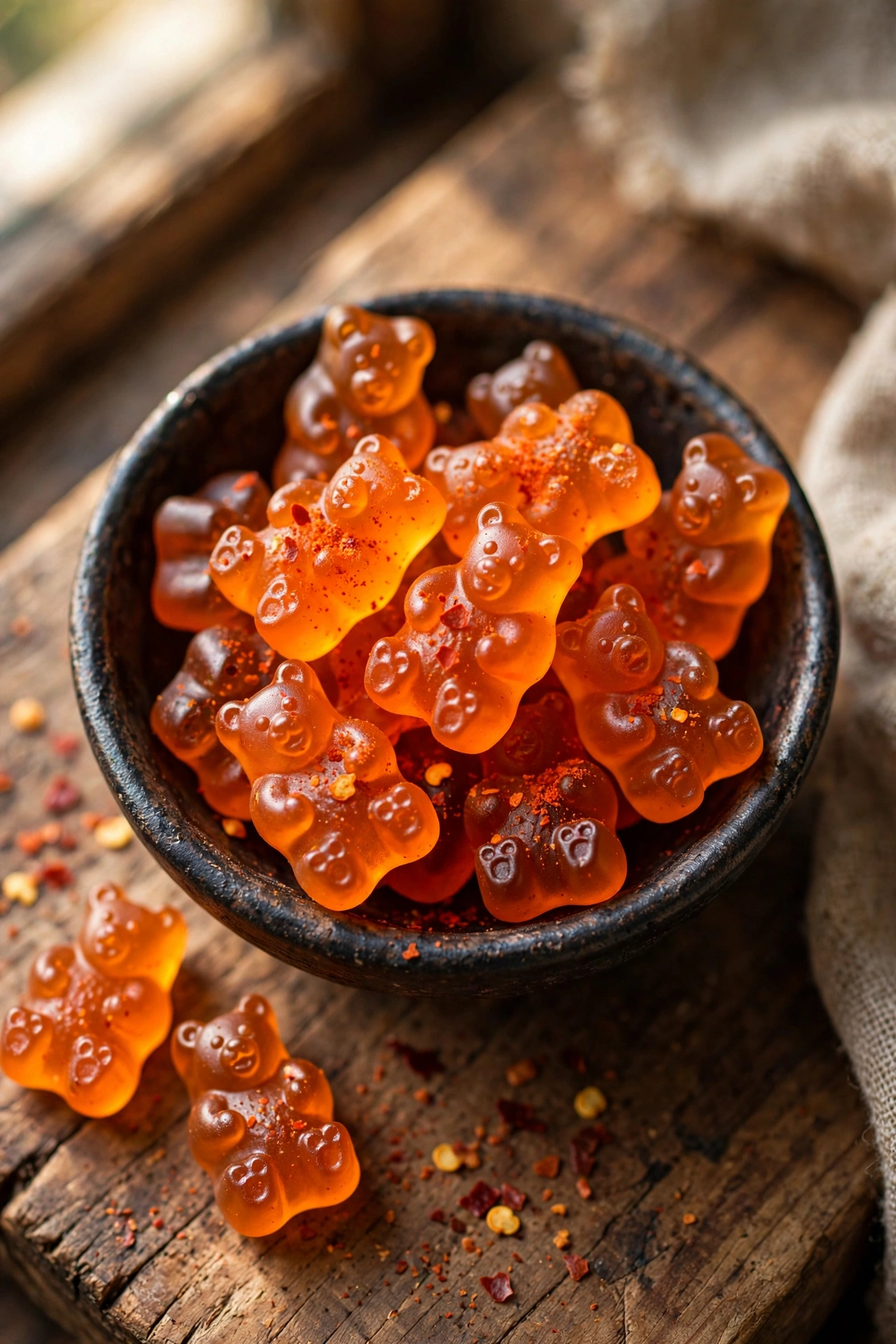 View of orange mango chili gummy bears dusted with chili lime seasoning