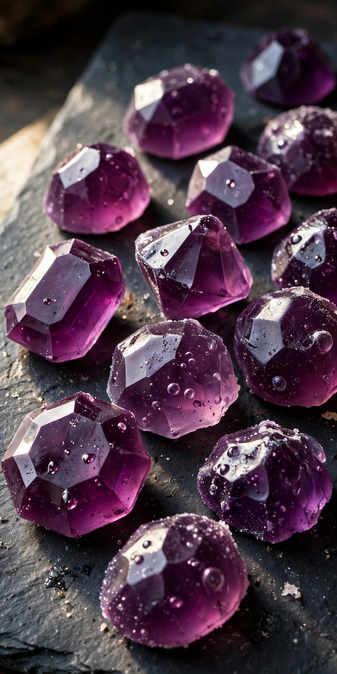 View of deep purple grape gummy gems sparkling with sugar in a small dish
