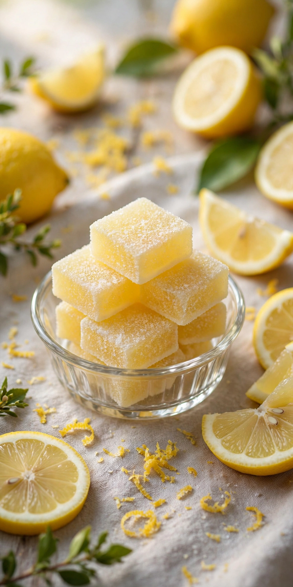 View of pale yellow lemon drop gummy squares coated in fine sugar