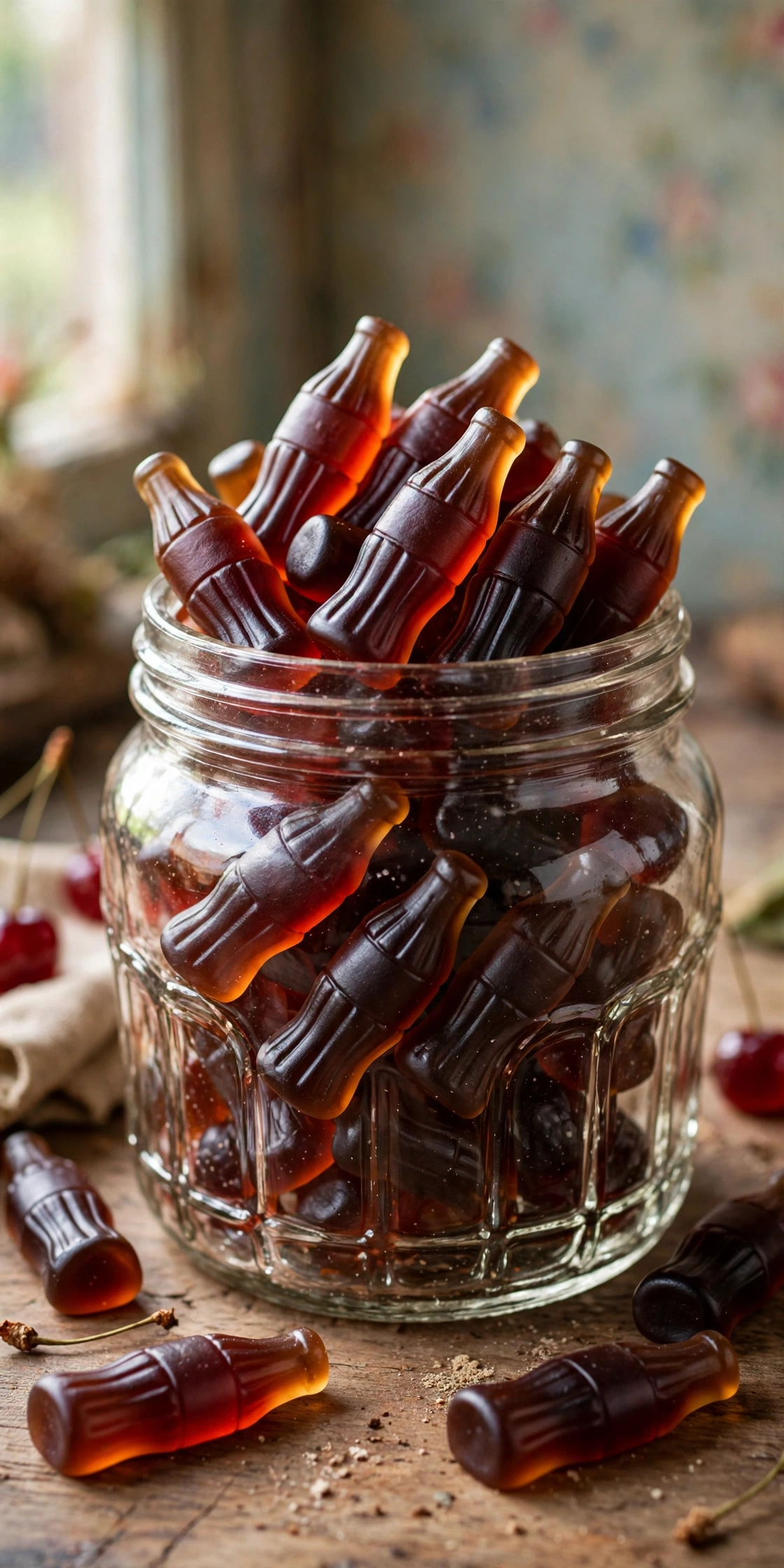 View of cola colored cherry gummy bottles with a fizzy sugar coating