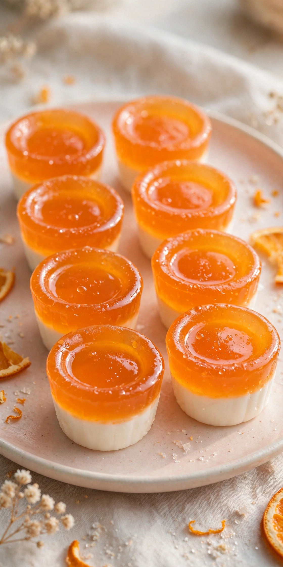 View of orange and white layered gummy cups resembling mini creamsicles