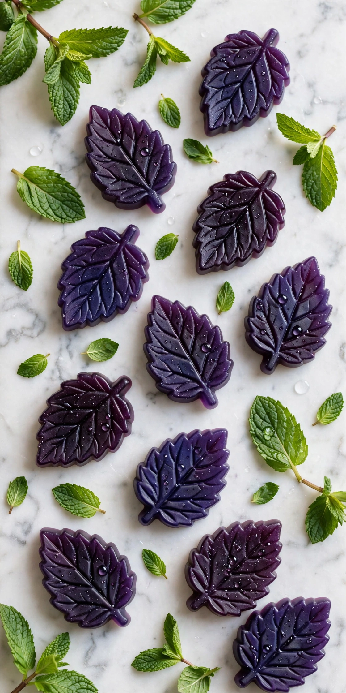View of deep purple blackberry mint gummy leaves with a light sugar coating