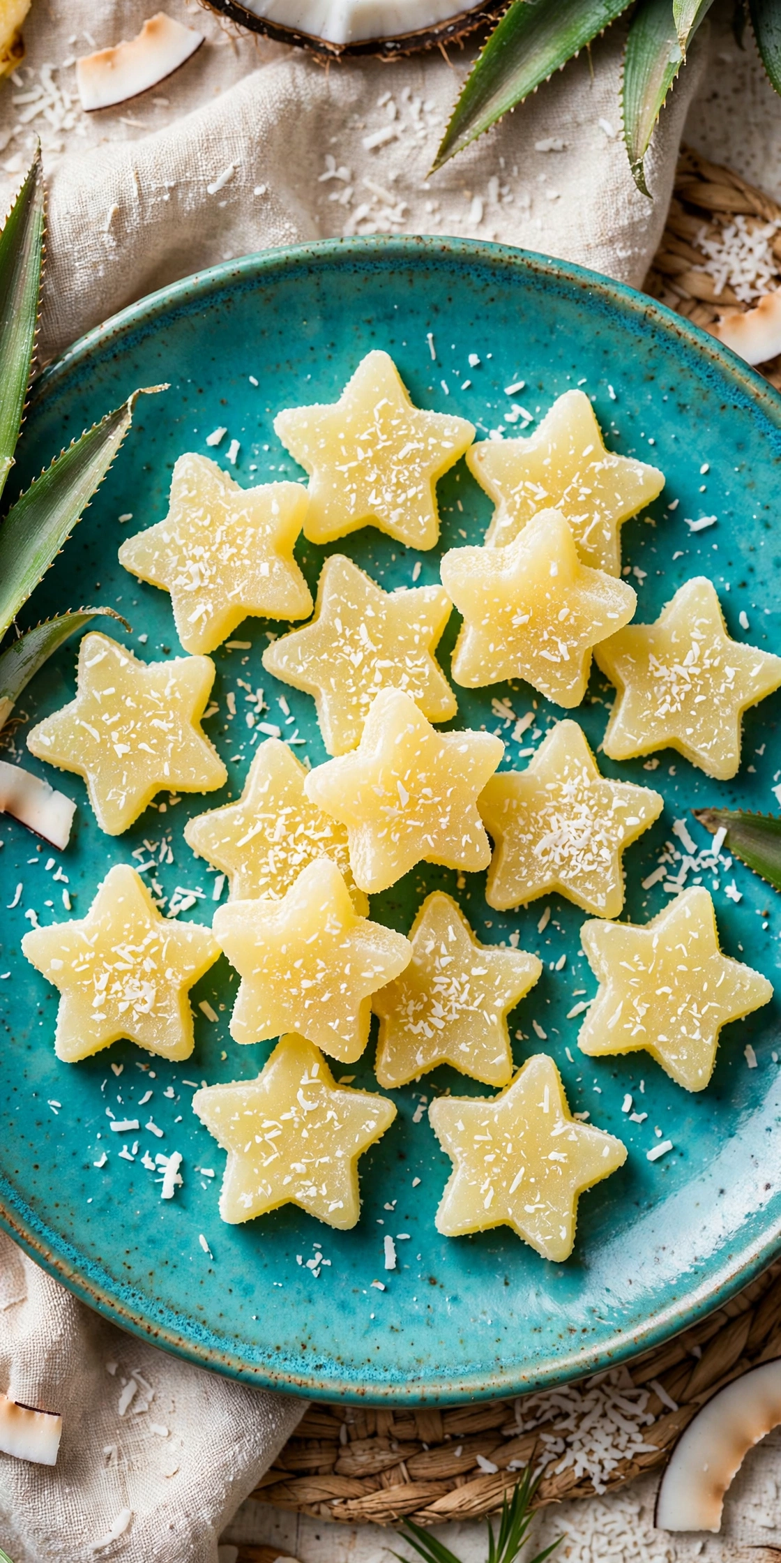 View of pale yellow pineapple coconut gummy stars with toasted coconut flakes