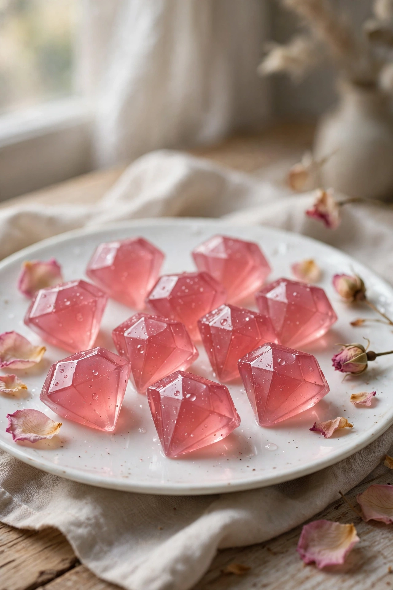 View of pink raspberry rose gummy diamonds dusted with sugar on a white plate