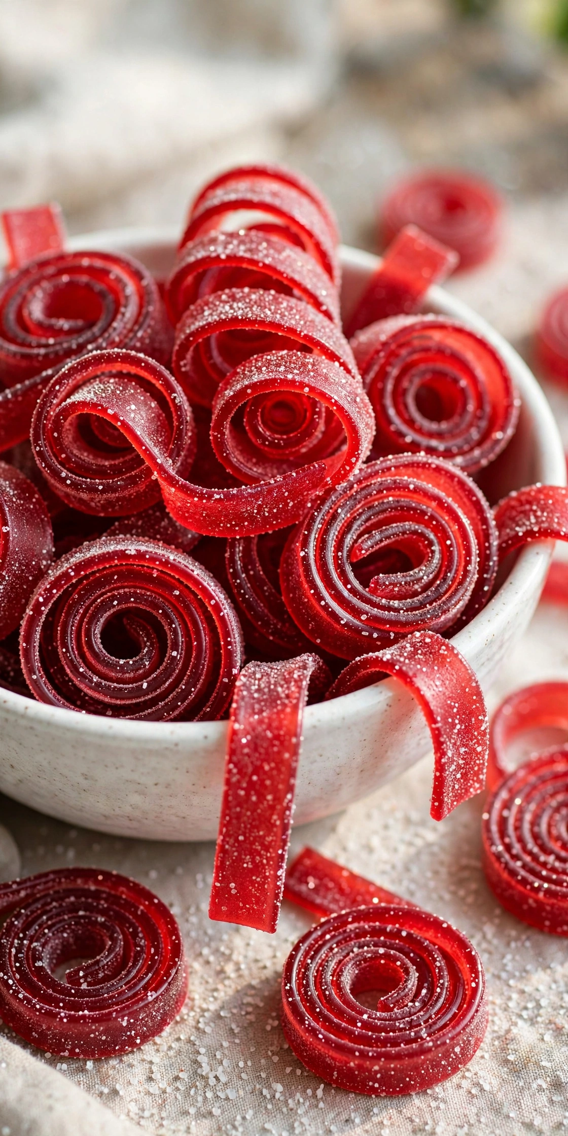 View of red sour cherry gummy strips twisted in a pile with sour sugar