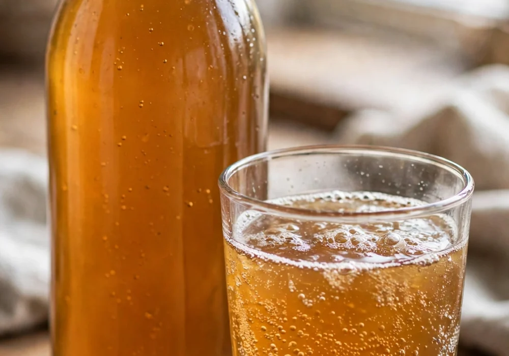 Glass jar of classic black tea kombucha with a SCOBY