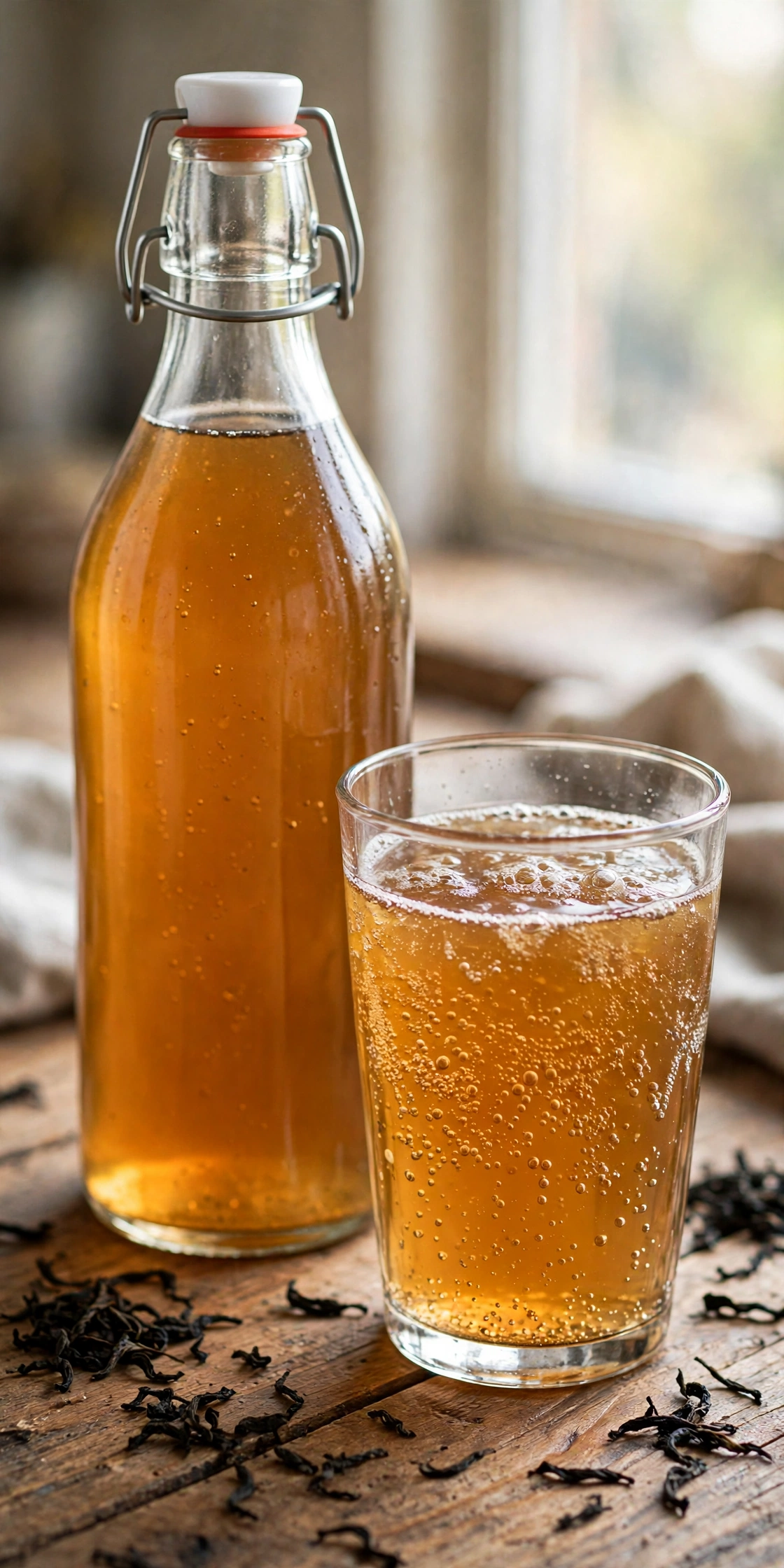 Glass jar of classic black tea kombucha with a SCOBY