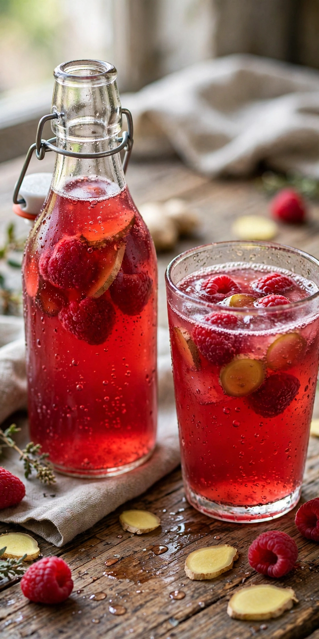 Raspberry ginger kombucha in a bottle with fresh raspberries