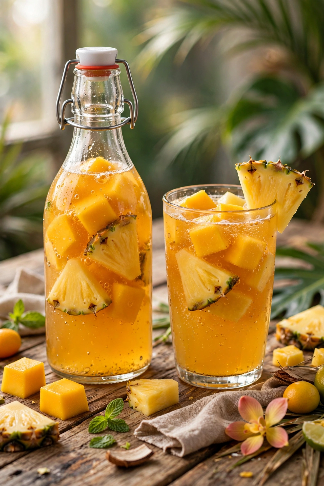Mango pineapple kombucha with tropical fruit pieces in glass bottles