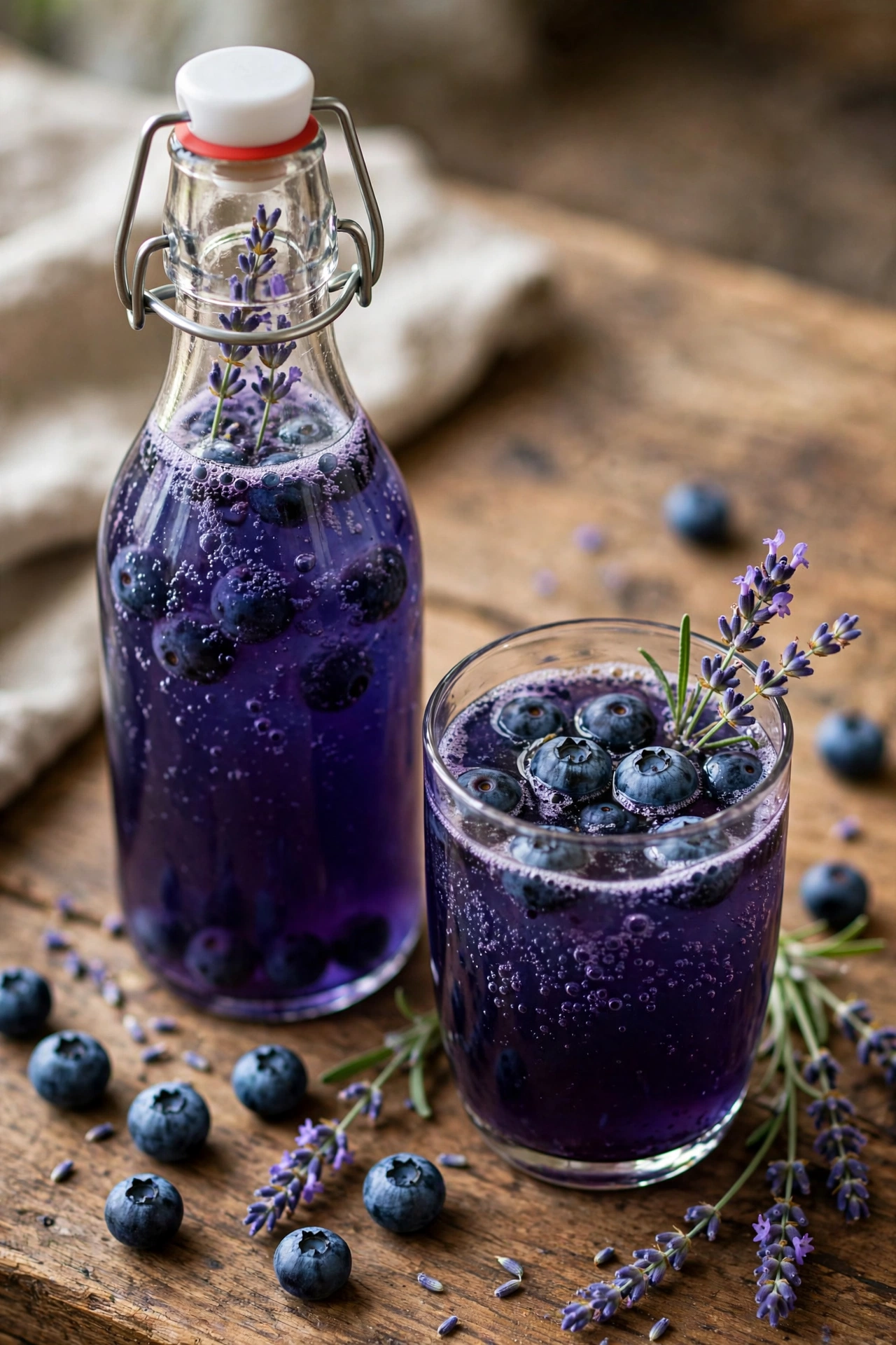 Blueberry lavender kombucha in a glass with dried lavender buds