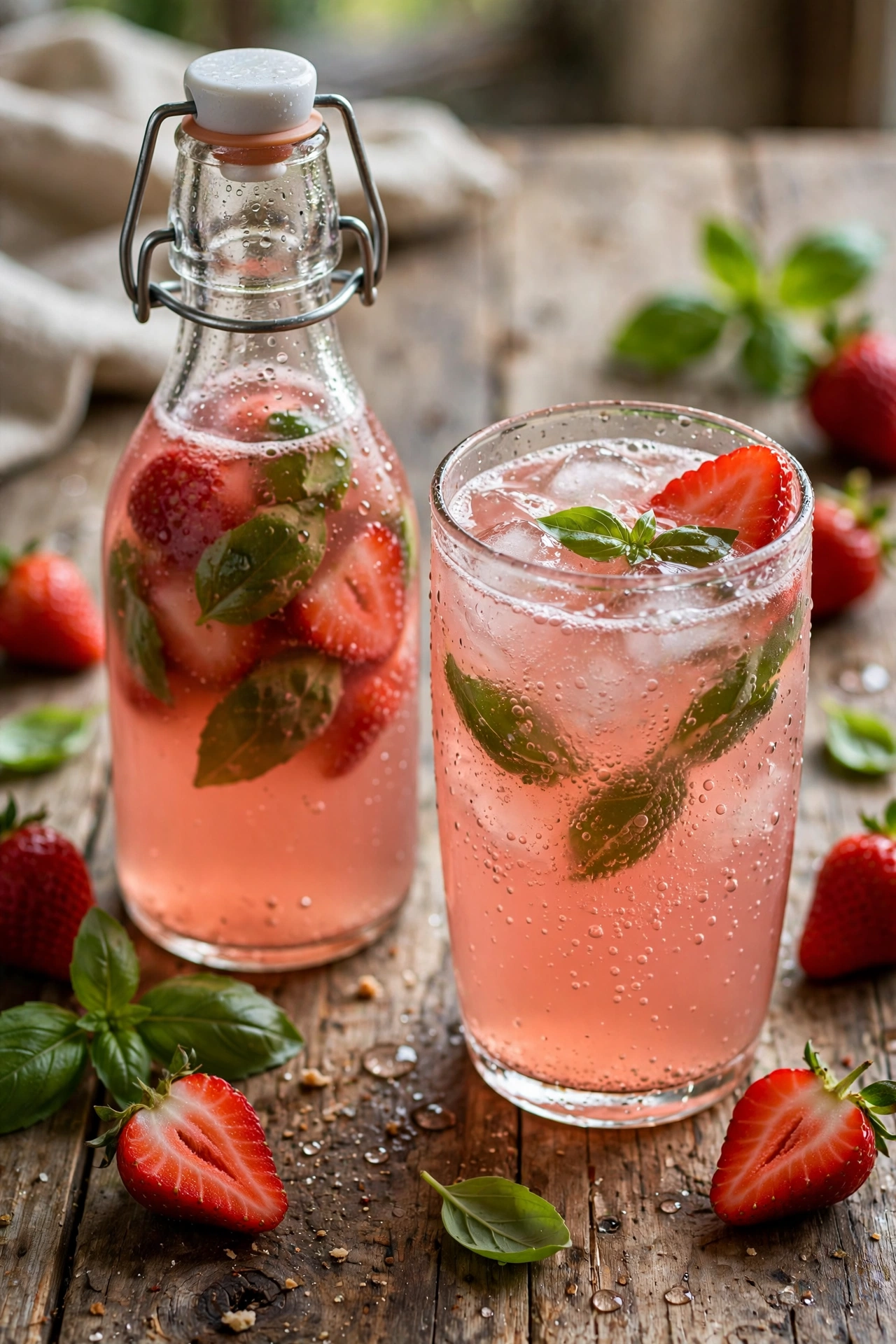 Strawberry basil kombucha with fresh basil leaves and strawberries