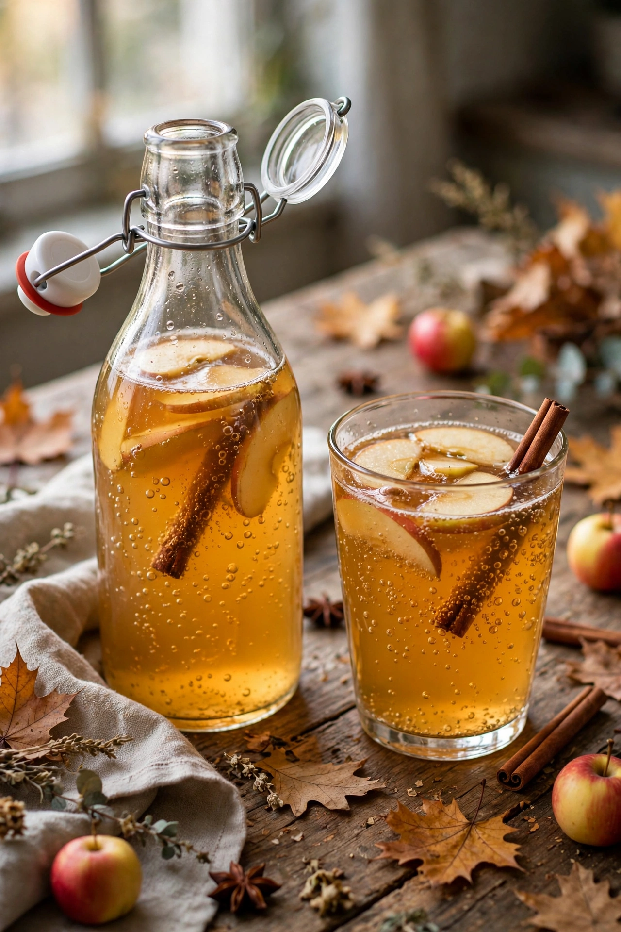 Apple cider kombucha in a mason jar with cinnamon sticks