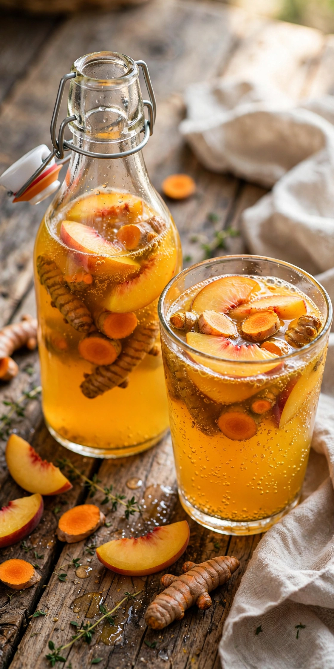 Peach turmeric kombucha with fresh peach slices and turmeric root