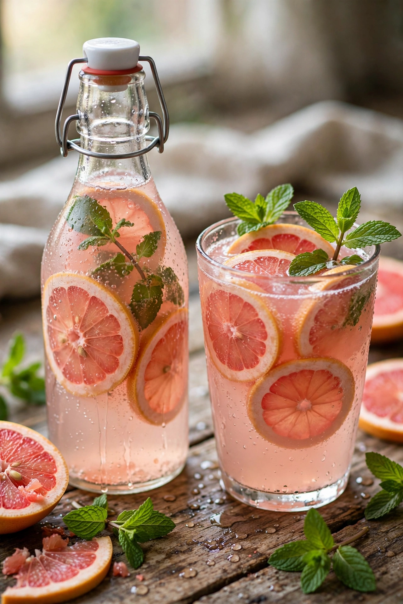 Grapefruit mint kombucha with grapefruit wedges and mint sprigs