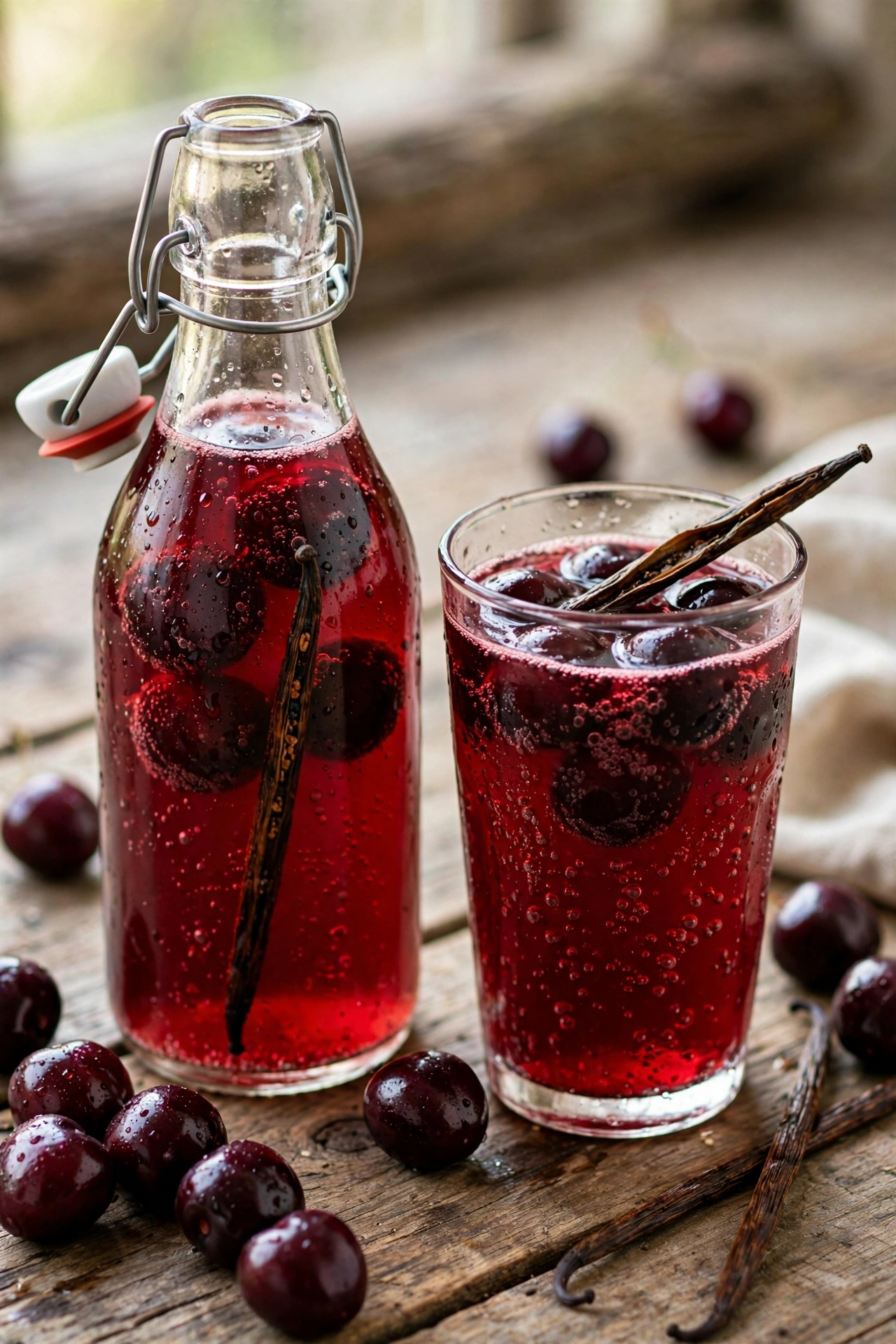 Cherry vanilla kombucha in bottles with fresh cherries