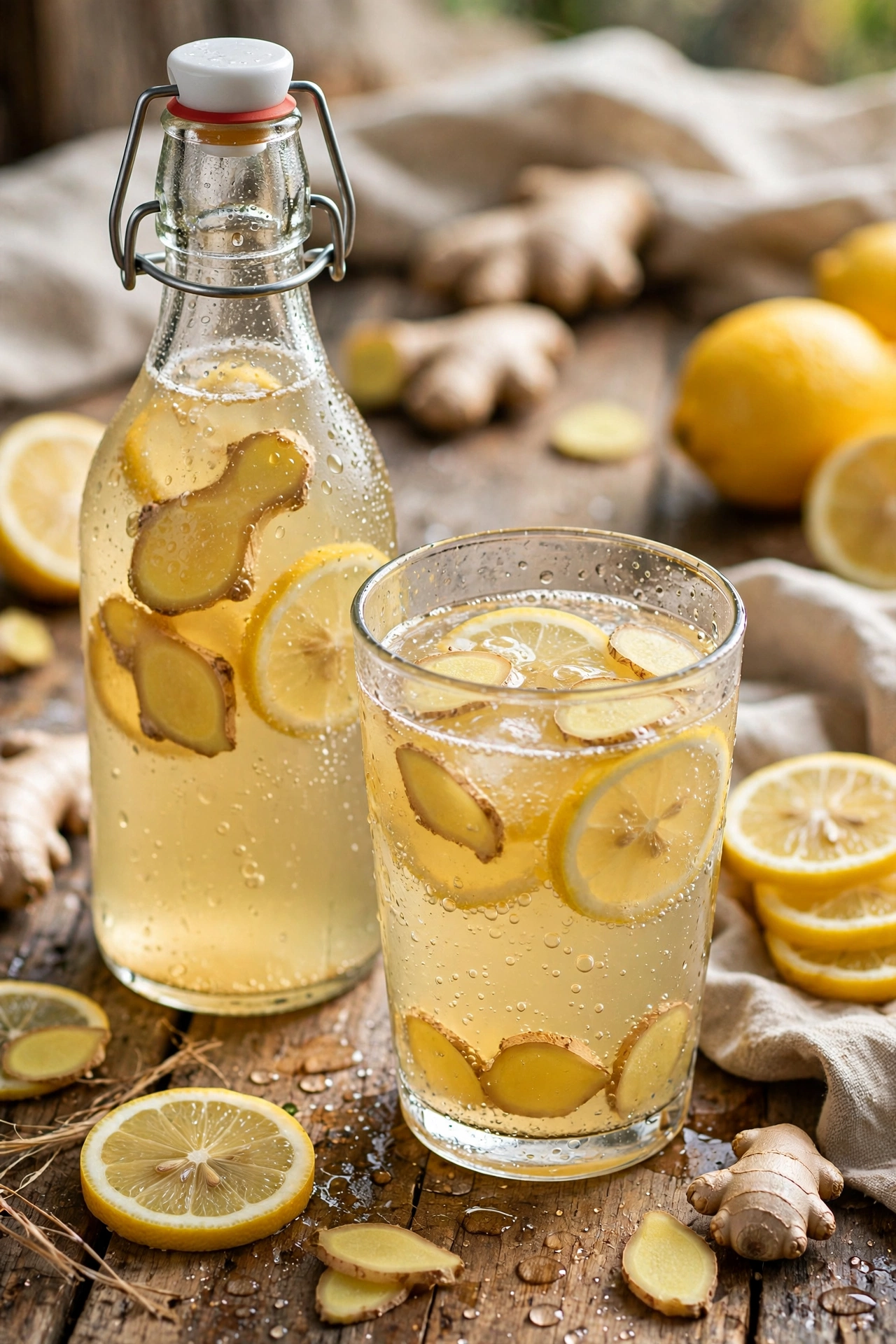 Lemon ginger kombucha with lemon slices and fresh ginger