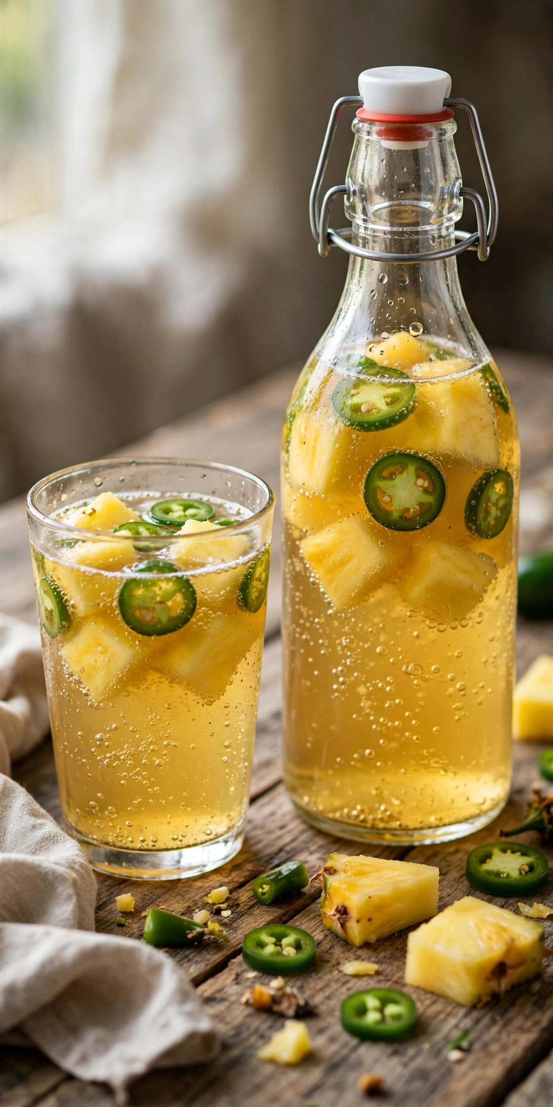 Pineapple jalapeno kombucha with pineapple chunks and jalapeno slices
