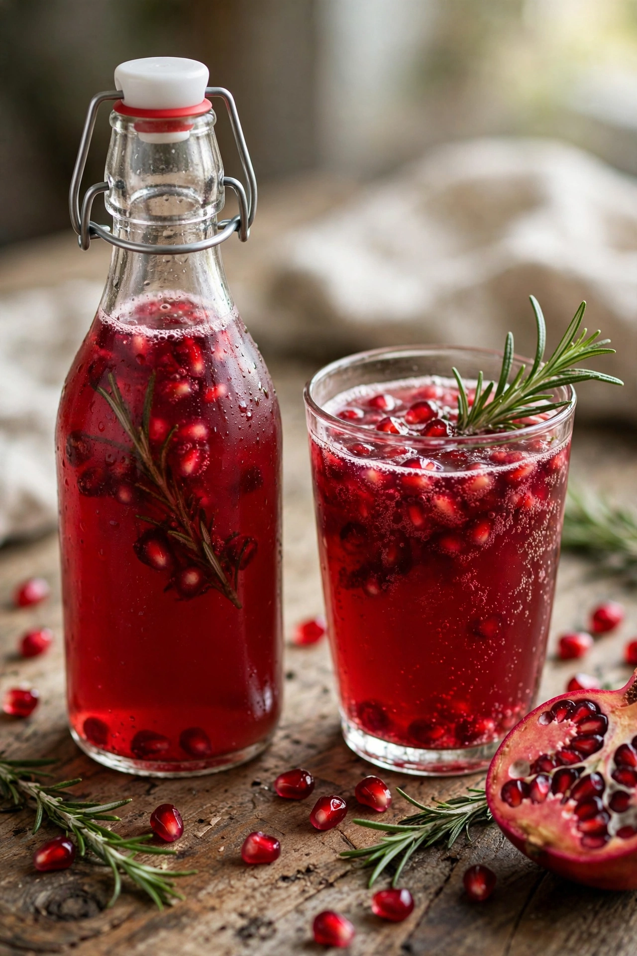 Pomegranate rosemary kombucha with pomegranate seeds and rosemary